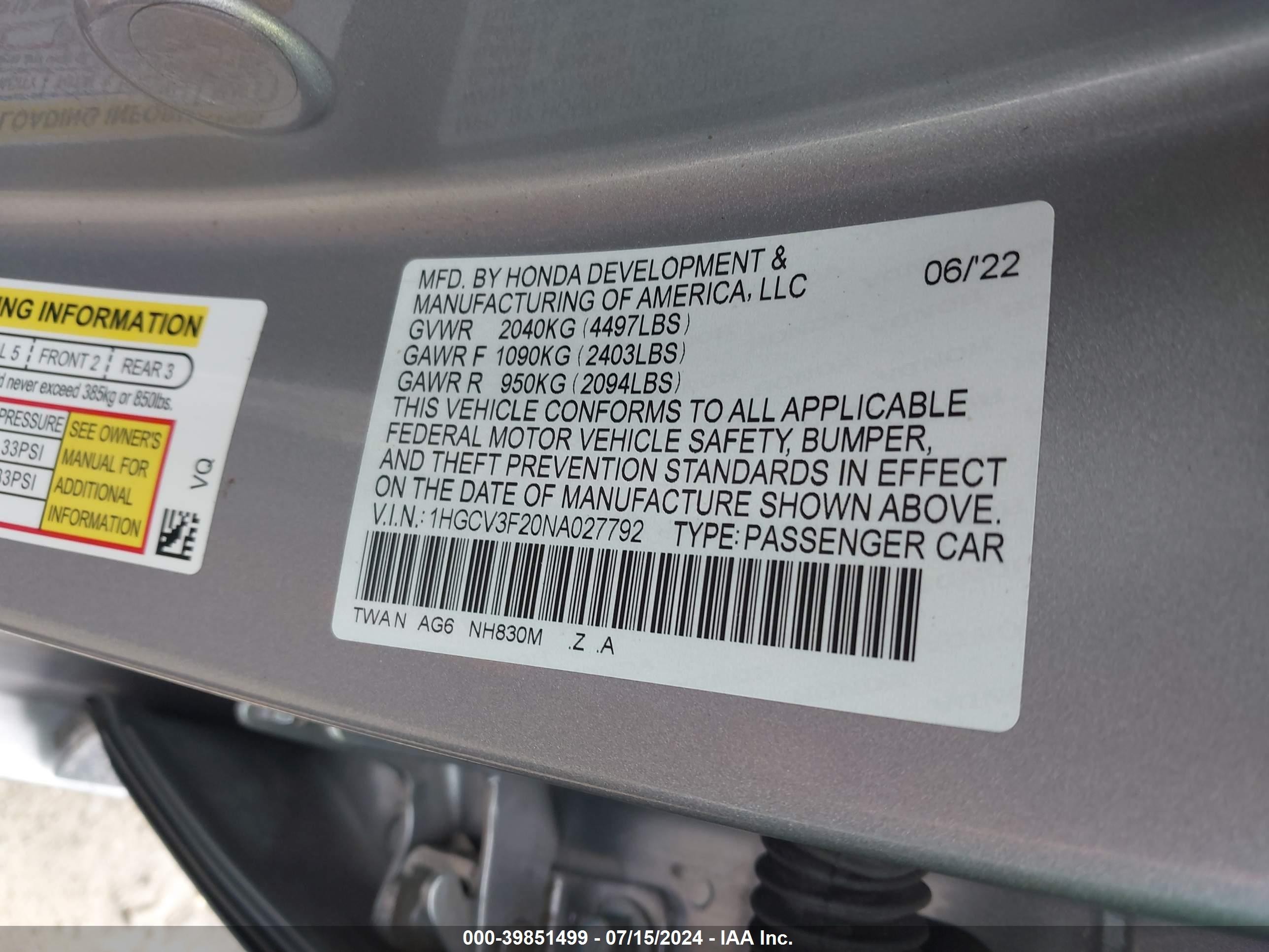 2022 Honda Accord VIN 1HGCV3F20NA027792 IAAI salvage auction — Front End, Salvage (Ohio), sold $4,450 on 2026-07-07 (photo 9)