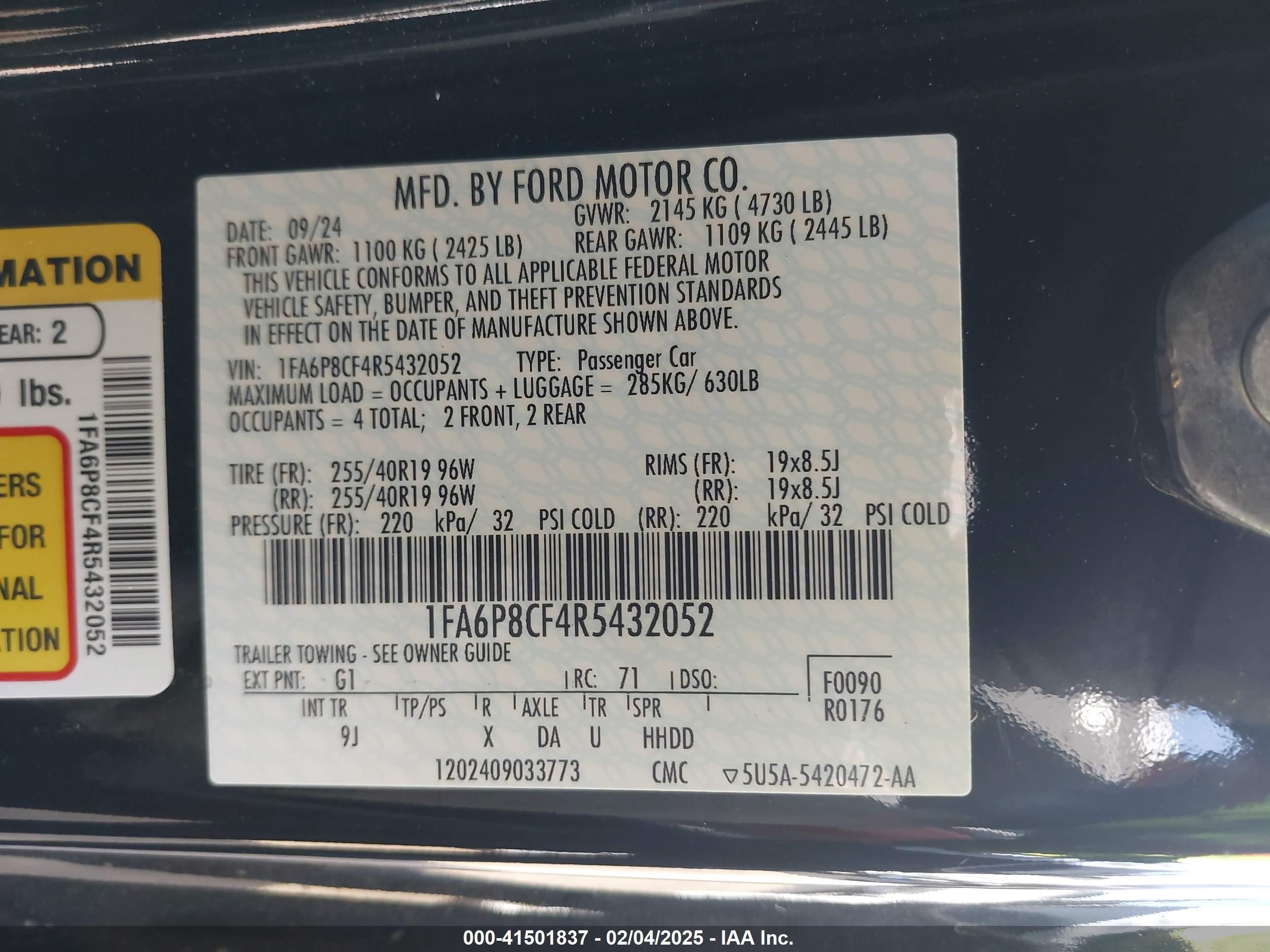 2024 Ford Mustang VIN 1FA6P8CF4R5432052 IAAI salvage auction — Unknown, Salvage Title, sold $9,200 on 2026-07-10 (photo 9)