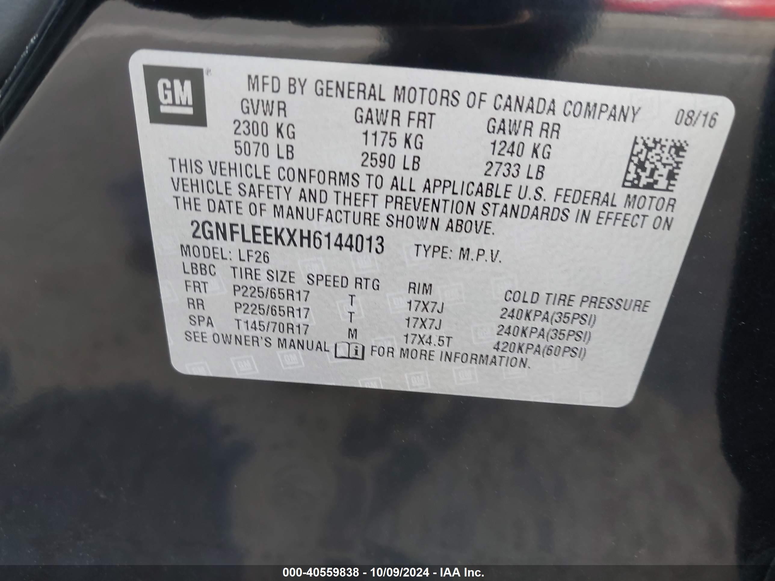 2017 Chevrolet Equinox VIN 2GNFLEEKXH6144013 IAAI salvage auction — Rear End, Clear (Arizona), sold $850 on 2026-07-07 (photo 9)