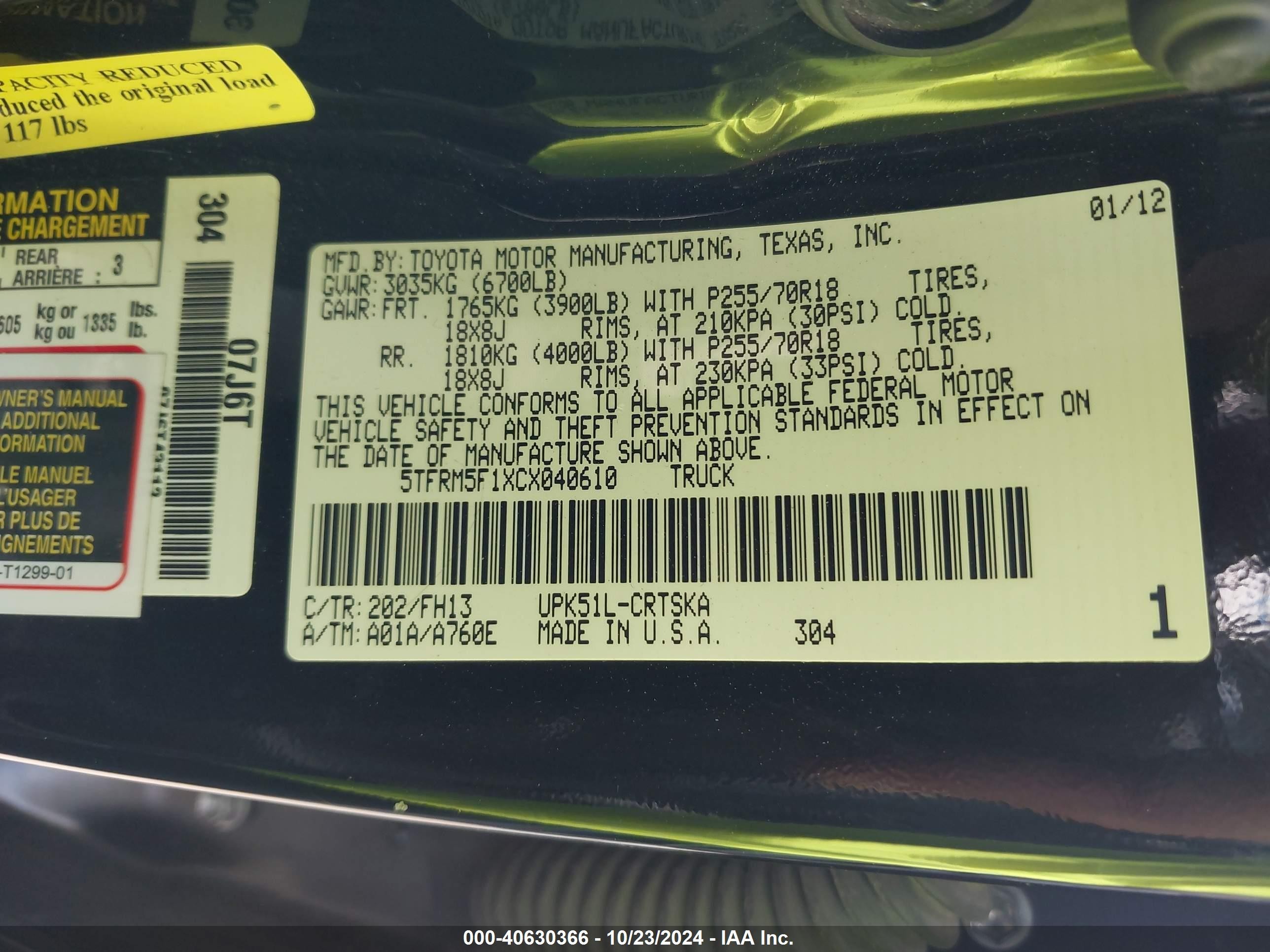 2012 Toyota Tundra VIN 5TFRM5F1XCX040610 IAAI salvage auction — Front End, Original (Texas), sold $8,250 on 2024-12-10 (photo 9)