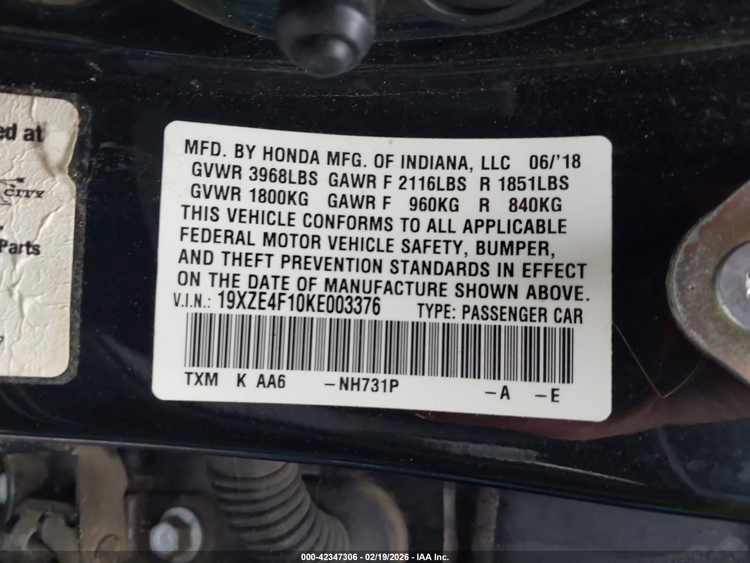 2019 Honda Insight VIN 19XZE4F10KE003376 IAAI salvage auction — Rear End, Salvage (Indiana), sold $825 on 2026-07-10 (photo 9)