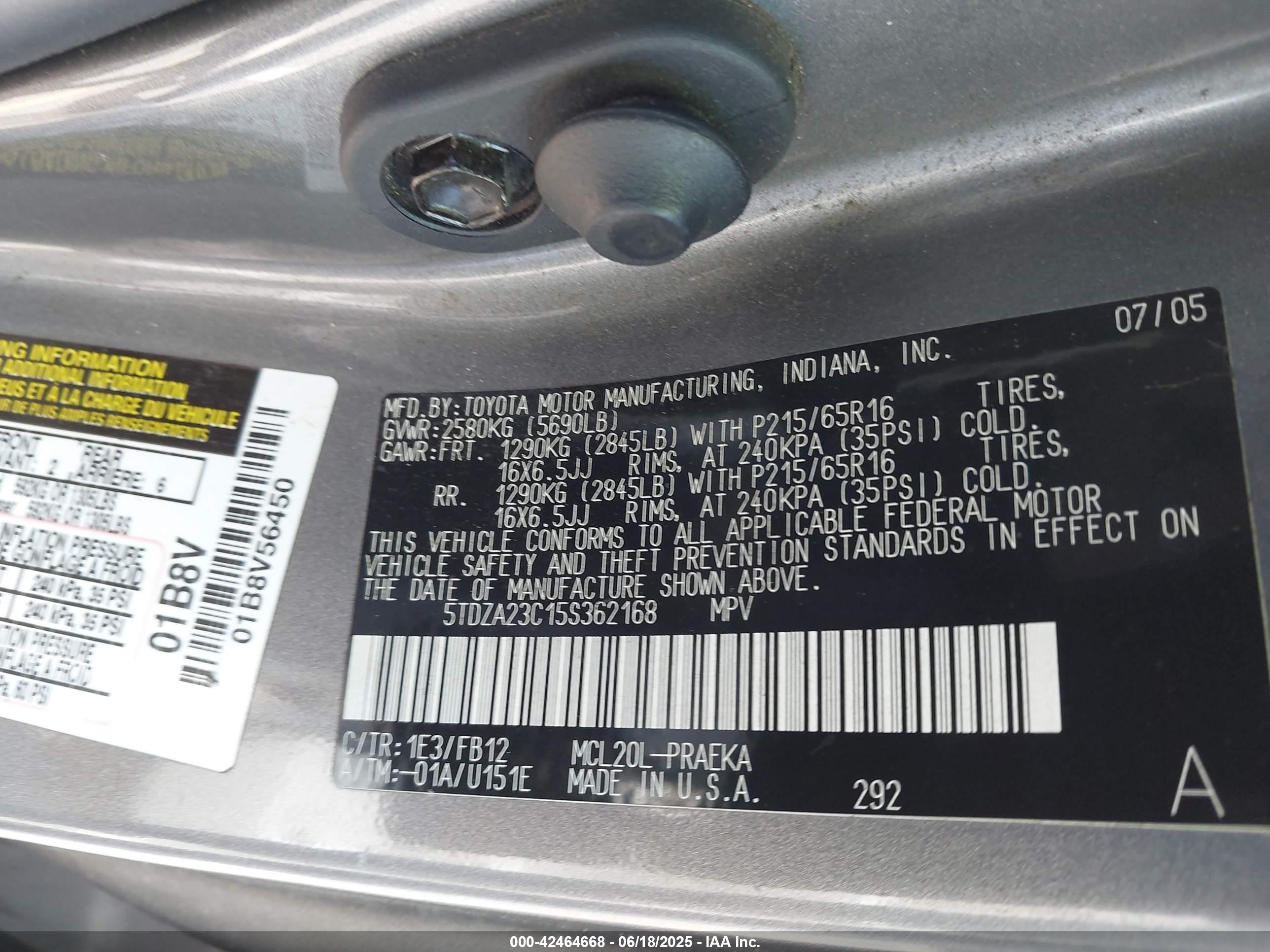 2005 Toyota Sienna VIN 5TDZA23C15S362168 IAAI salvage auction — Normal Wear, Clear (Hawaii), sold $325 on 2025-07-29 (photo 9)