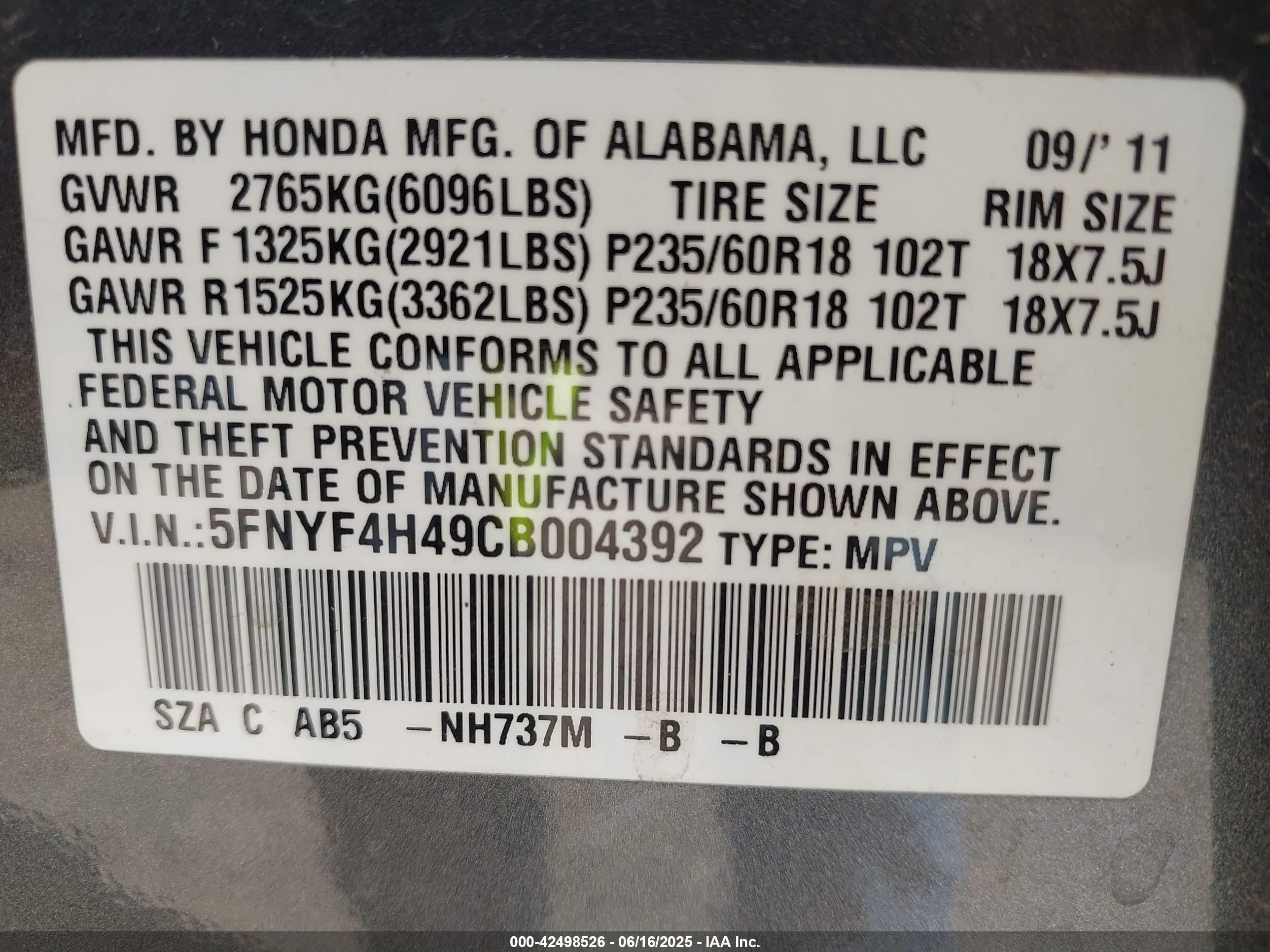 2012 Honda Pilot VIN 5FNYF4H49CB004392 IAAI salvage auction — Front End, Clear (Oklahoma), sold $1,525 on 2025-10-21 (photo 9)