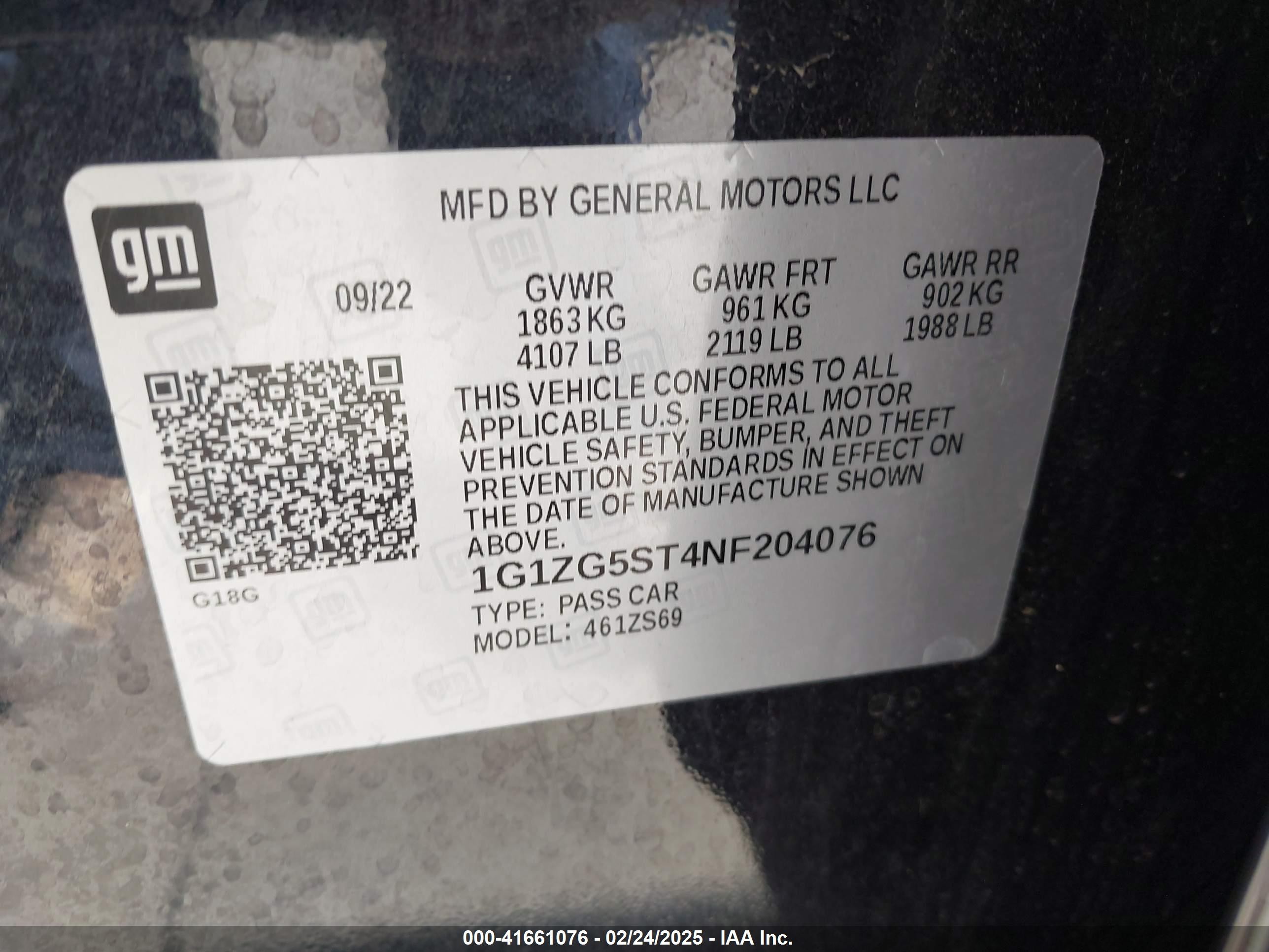 2022 Chevrolet Malibu VIN 1G1ZG5ST4NF204076 IAAI salvage auction — Rear End, Salvage (Mississippi), sold $6,550 on 2025-07-23 (photo 9)