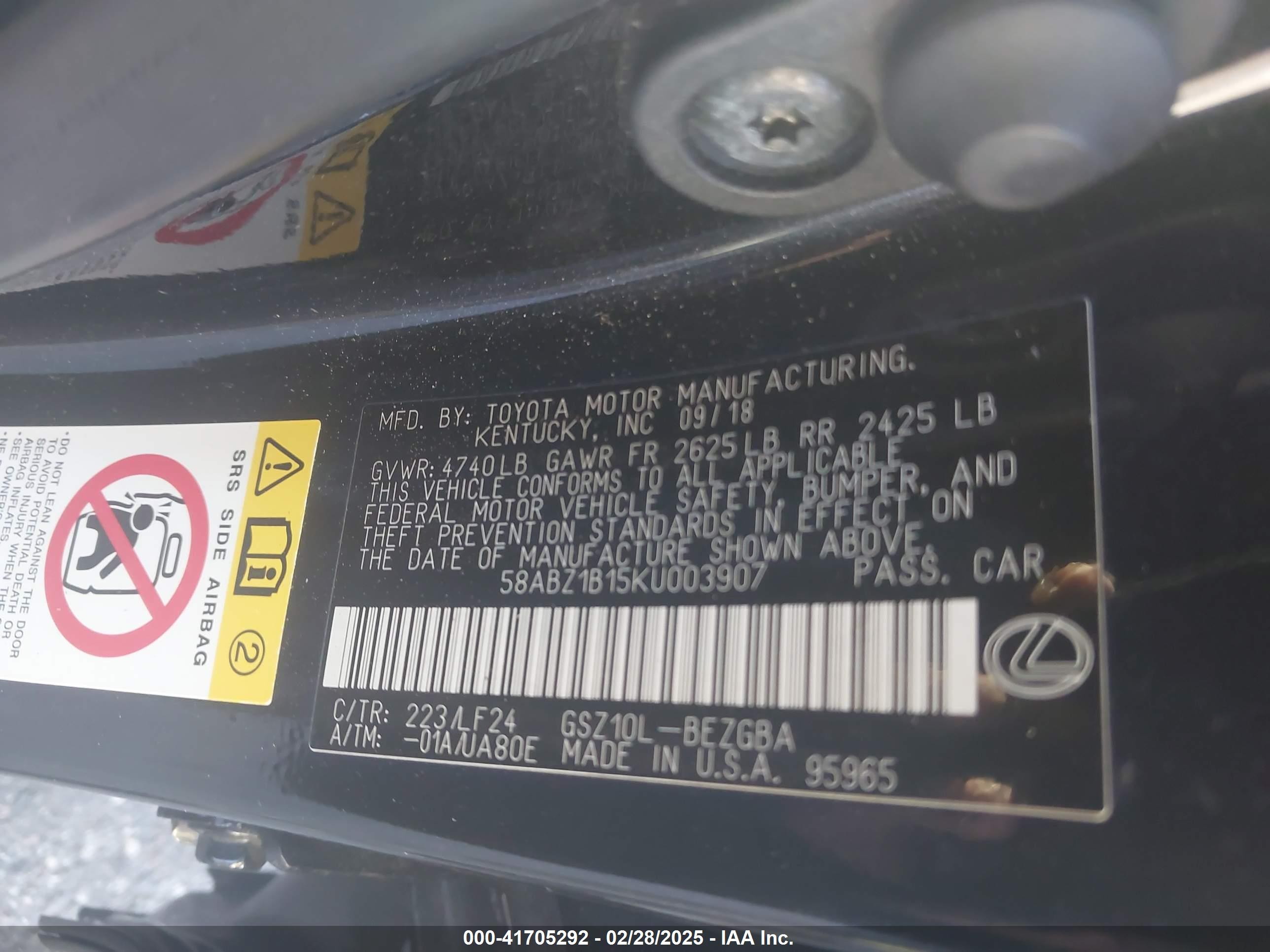 2019 Lexus ES VIN 58ABZ1B15KU003907 IAAI salvage auction — Front End, Rebuildable (Florida), sold $15,975 on 2026-10-19 (photo 9)