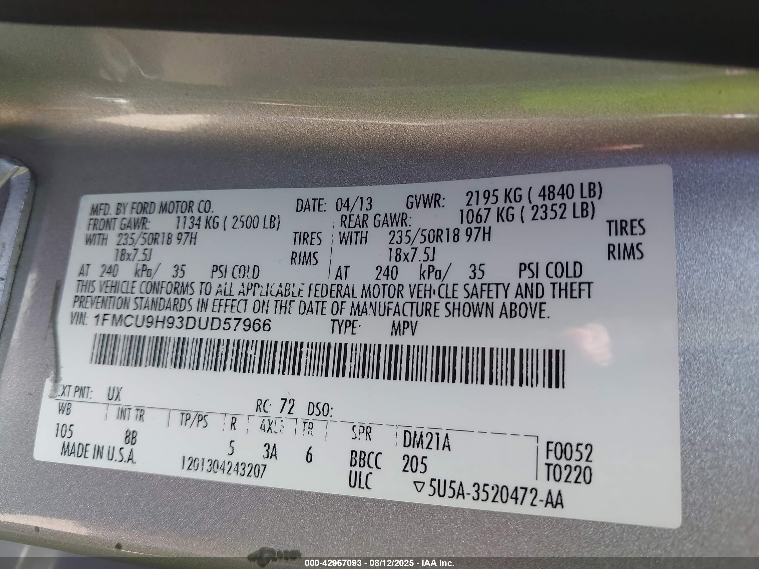 2013 Ford Escape VIN 1FMCU9H93DUD57966 IAAI salvage auction — Front End, Bill Of Sale (Washington), sold $1,650 on 2025-09-03 (photo 9)