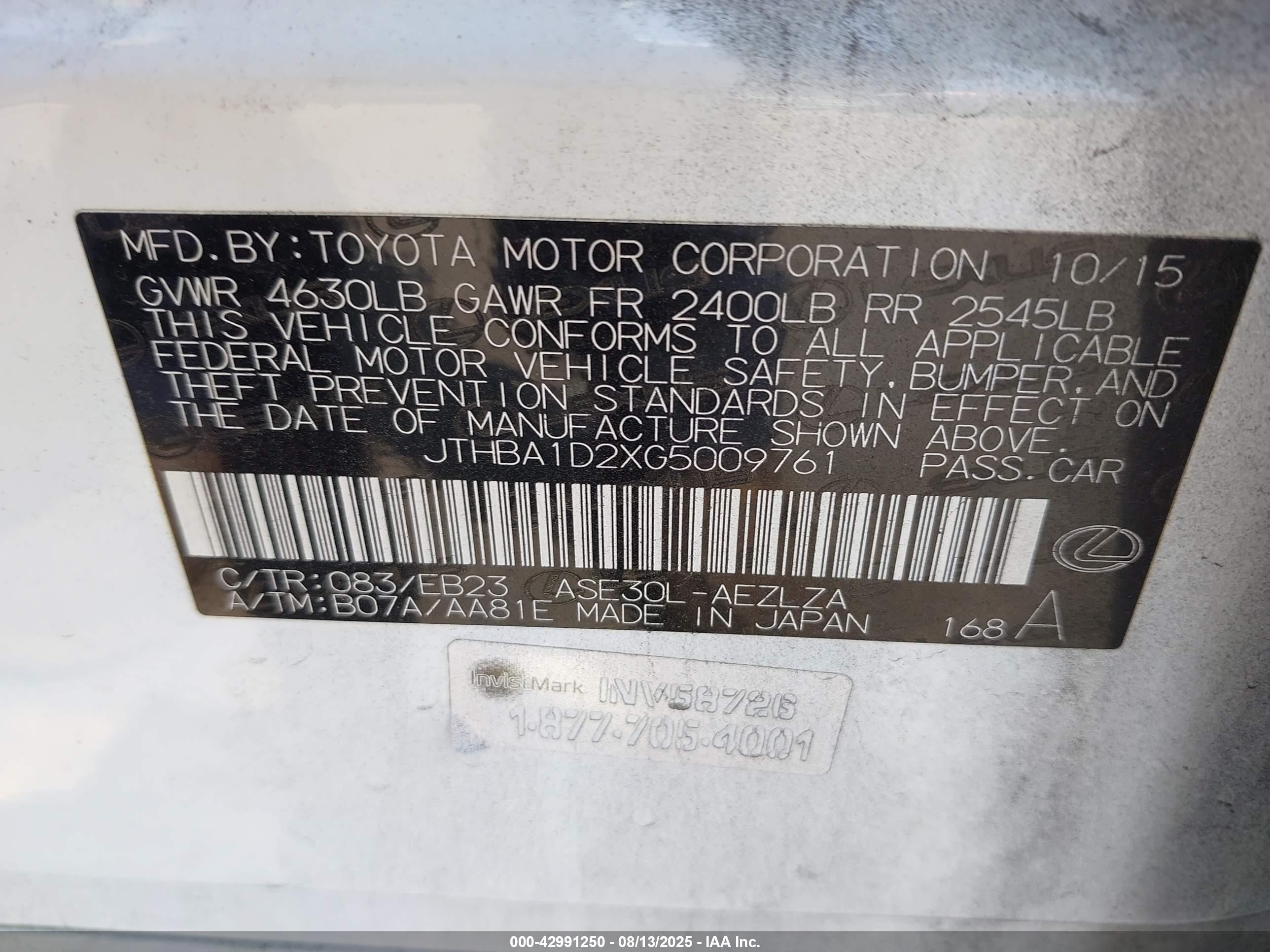 2016 Lexus Is VIN JTHBA1D2XG5009761 IAAI salvage auction — Front End, Salvage (California), sold $5,000 on 2025-09-02 (photo 9)