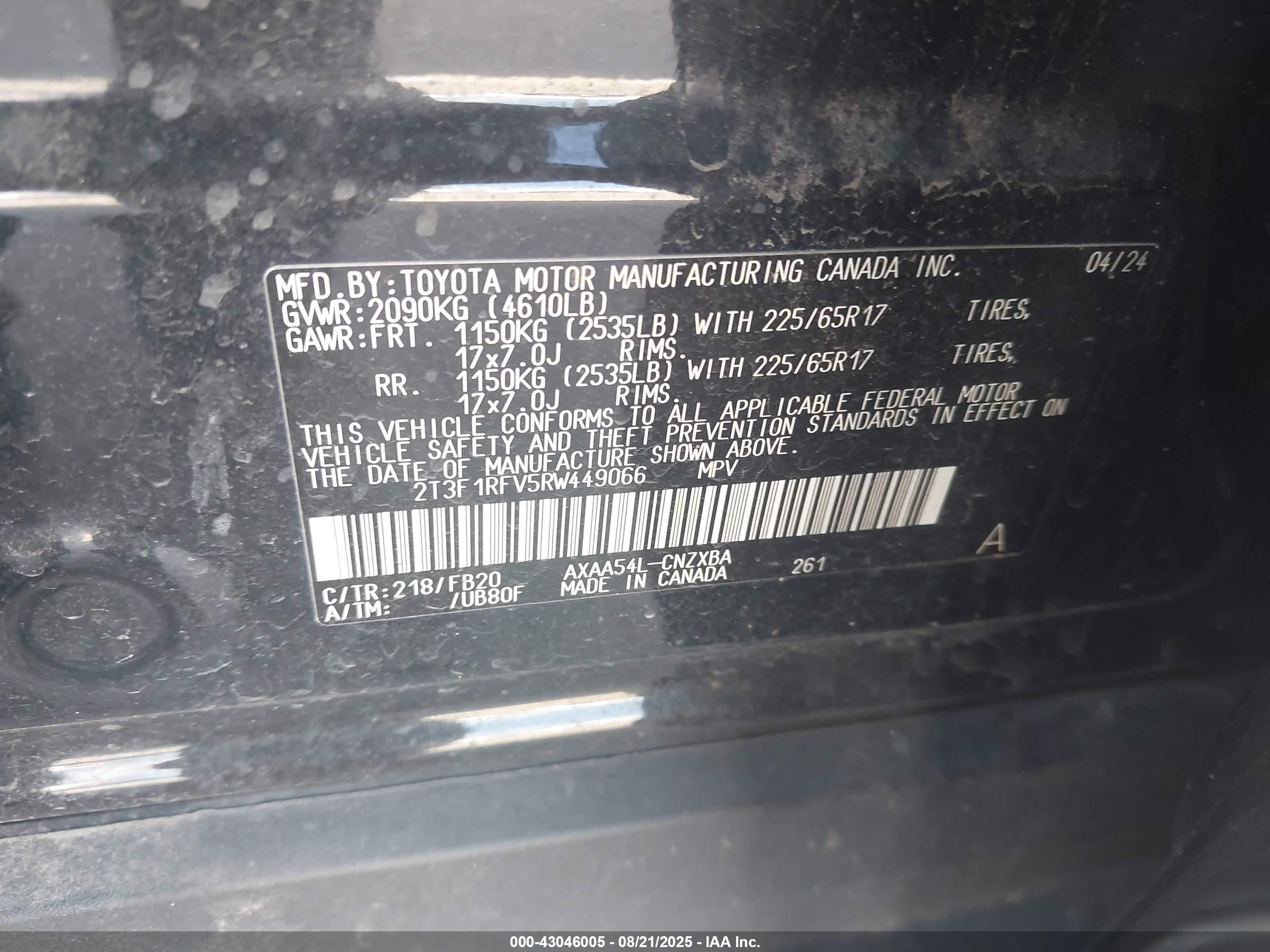2024 Toyota RAV4 VIN 2T3F1RFV5RW449066 IAAI salvage auction — Rear End, Clear (Colorado), sold $15,400 on 2025-09-04 (photo 9)