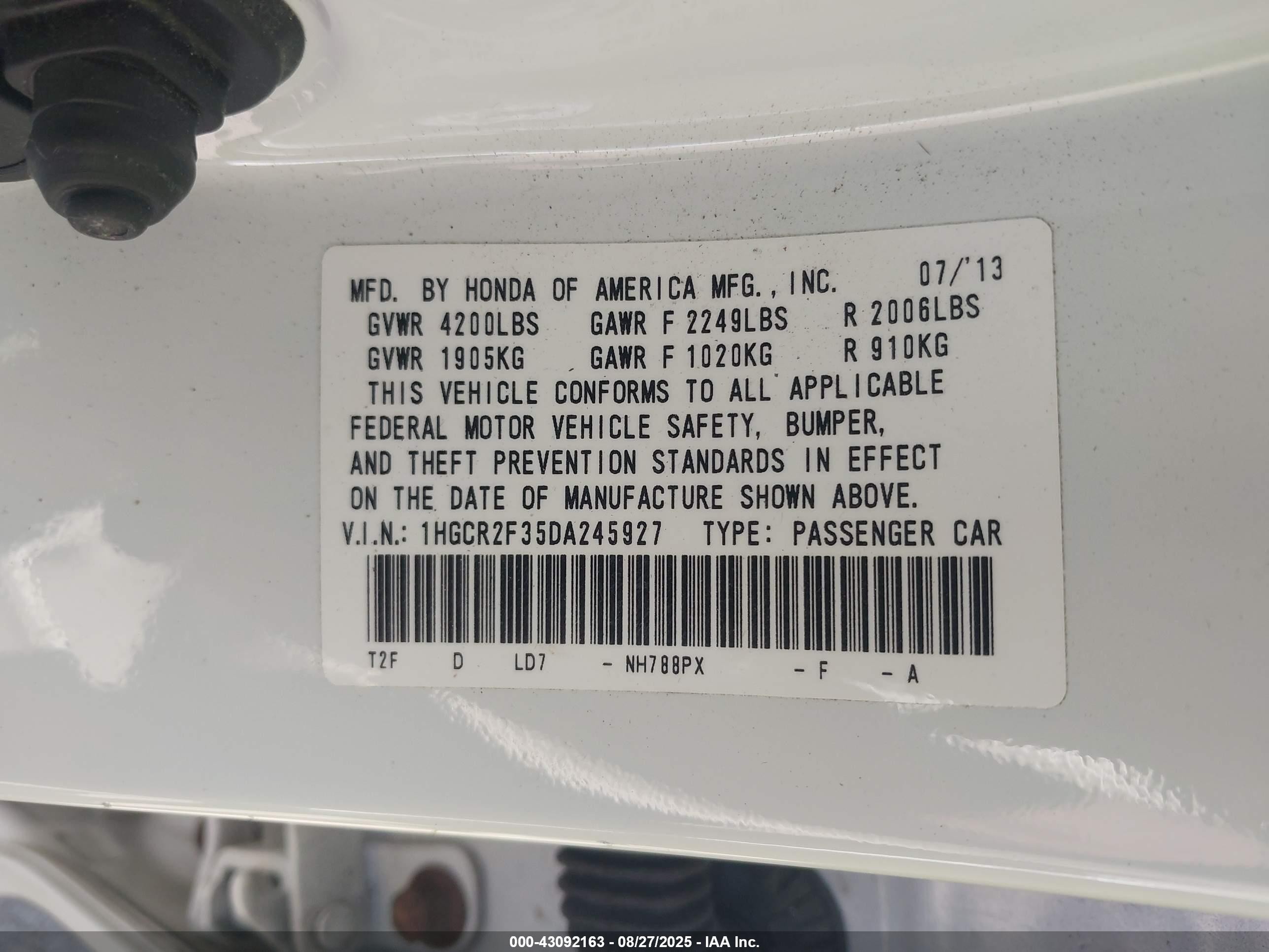 2013 Honda Accord VIN 1HGCR2F35DA245927 IAAI salvage auction — Front End, Clear (Virginia), sold $3,600 on 2025-10-17 (photo 9)
