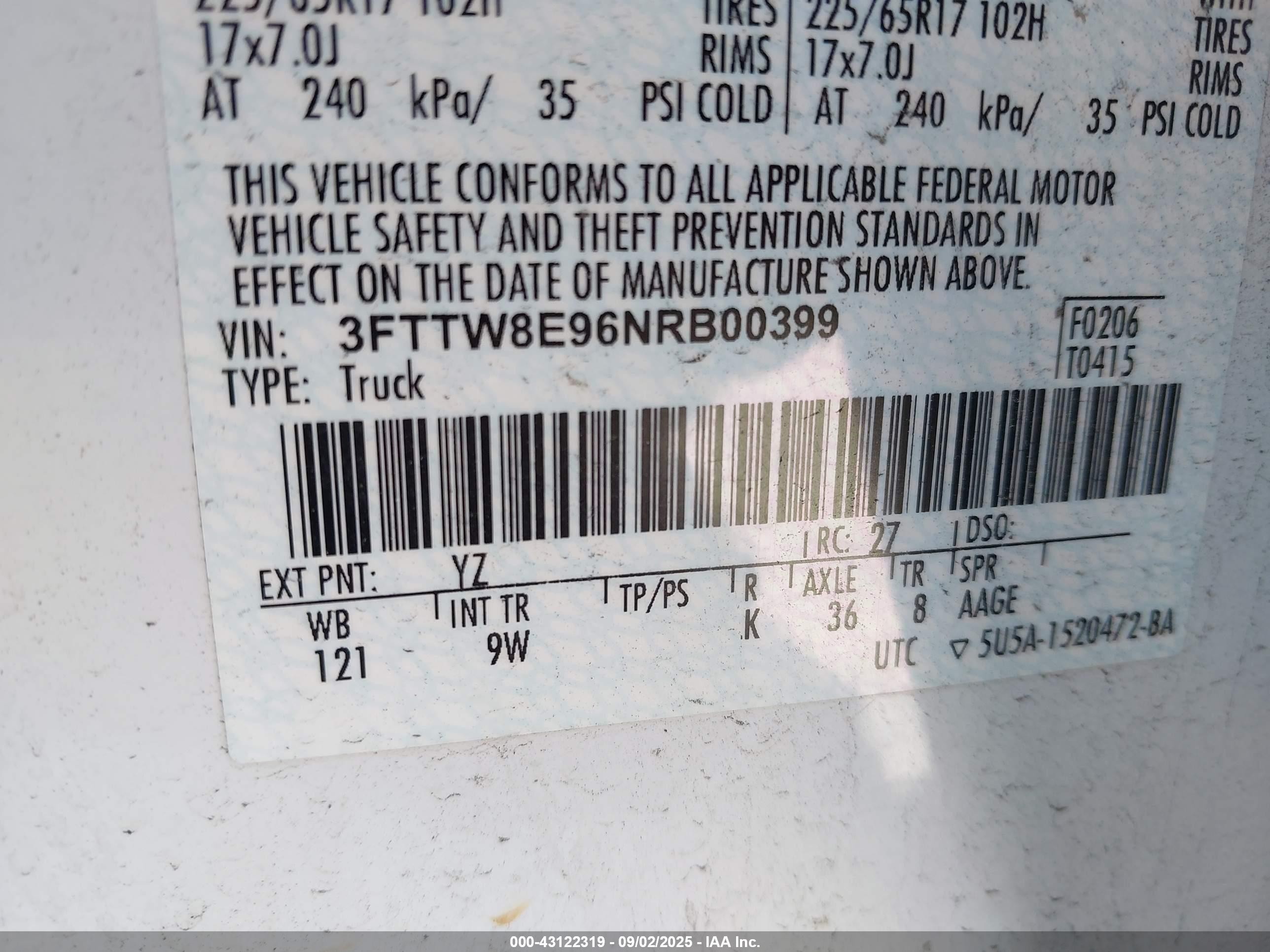 2022 Ford Maverick VIN 3FTTW8E96NRB00399 IAAI salvage auction — Front End, Clear (Tennessee), sold $5,450 on 2025-09-15 (photo 9)
