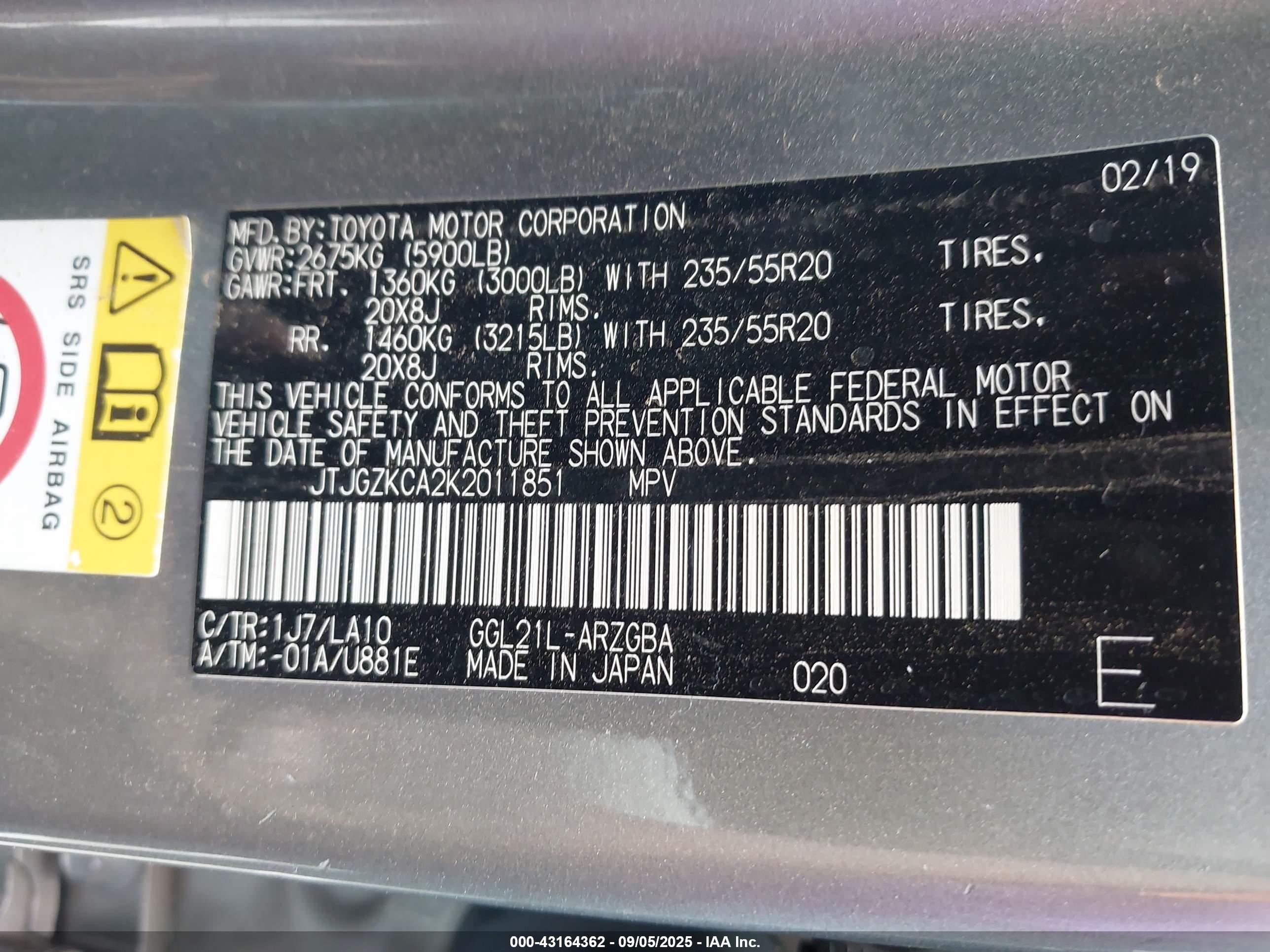 2019 Lexus RX 350L VIN JTJGZKCA2K2011851 IAAI salvage auction — Unknown, Salvage (Arizona), sold $10,100 on 2026-07-11 (photo 9)