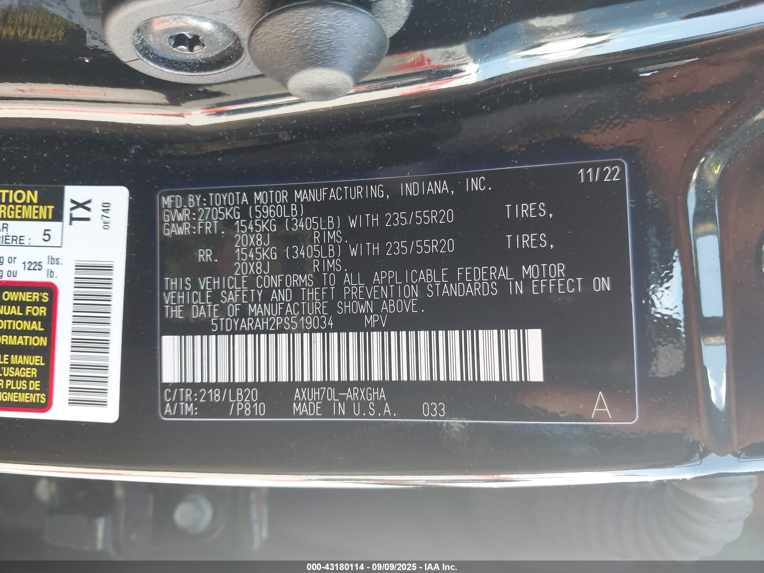 2023 Toyota Highlander VIN 5TDYARAH2PS519034 IAAI salvage auction — Front & Rear, Salvage - Greater Than 75% (Maryland), sold $17,750 on 2025-10-21 (photo 9)