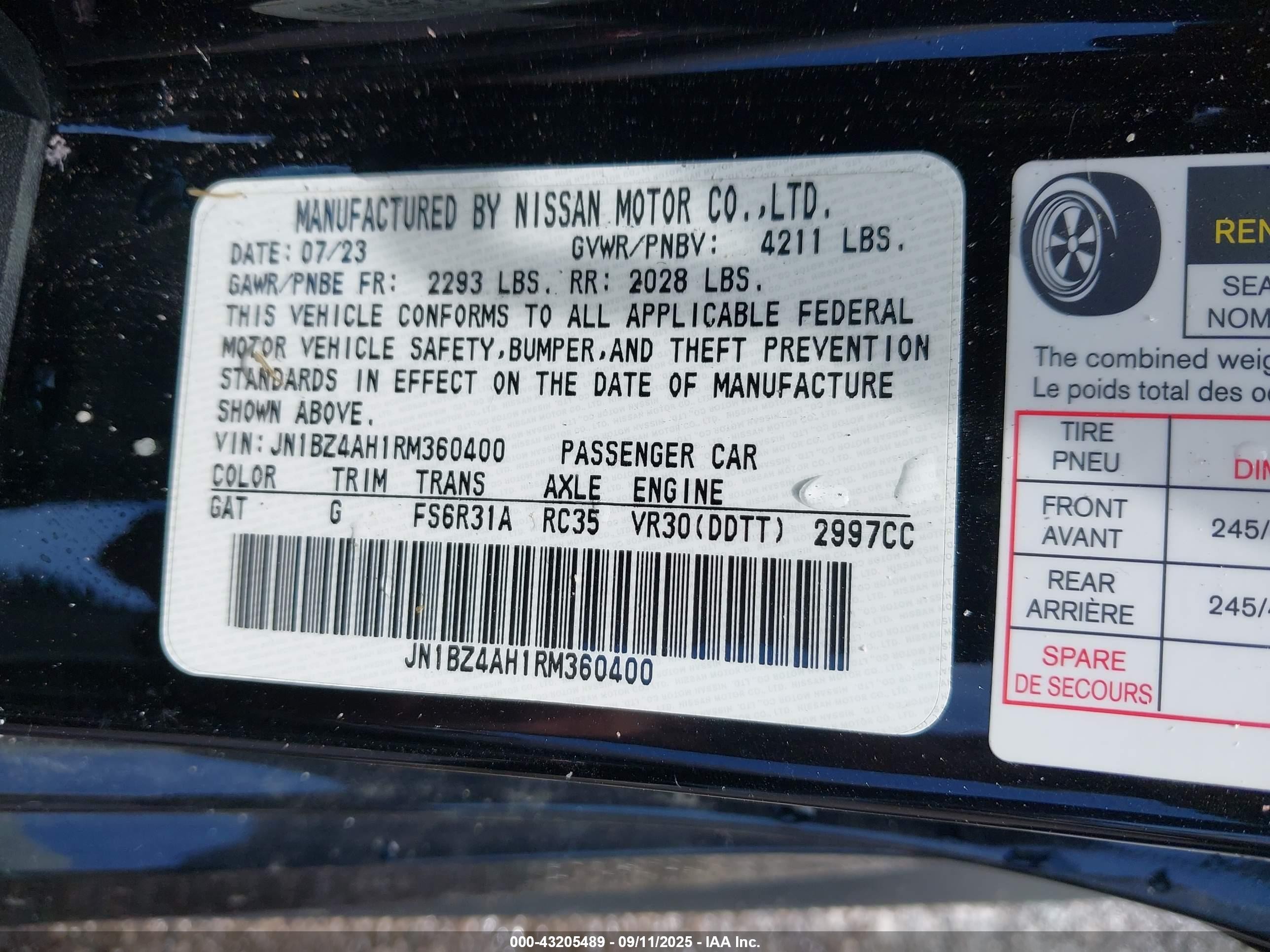 2024 Nissan 350Z VIN JN1BZ4AH1RM360400 IAAI salvage auction — Front End, Salvage - Greater Than 75% (Maryland), sold $8,050 on 2026-07-02 (photo 9)