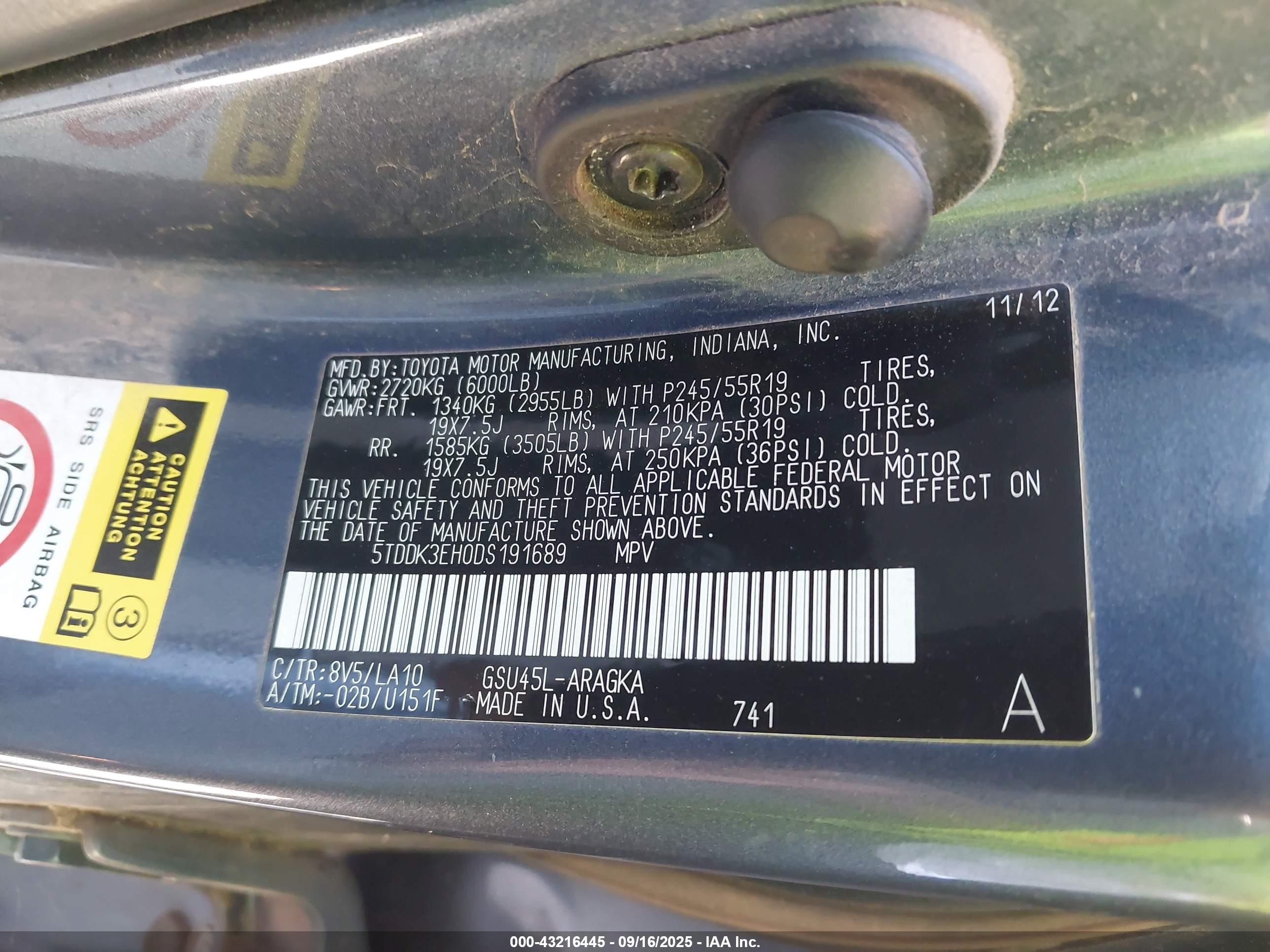 2013 Toyota Highlander VIN 5TDDK3EH0DS191689 IAAI salvage auction — Front End, Clear (Wisconsin), sold $4,950 on 2025-10-02 (photo 9)