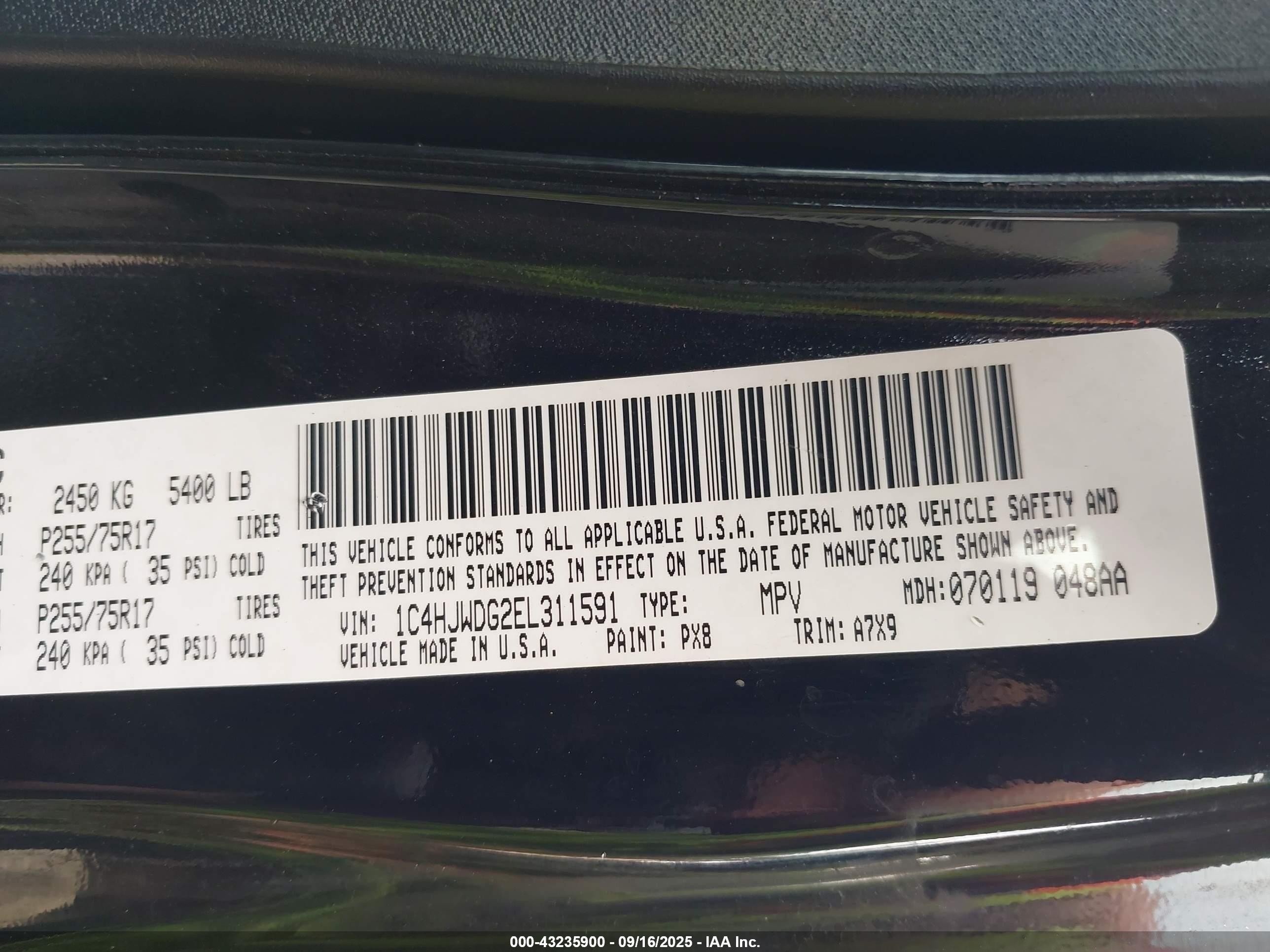 2014 Jeep Wrangler Unlimited VIN 1C4HJWDG2EL311591 IAAI salvage auction — Front End, Salvage (Pennsylvania), sold $4,350 on 2025-10-17 (photo 9)