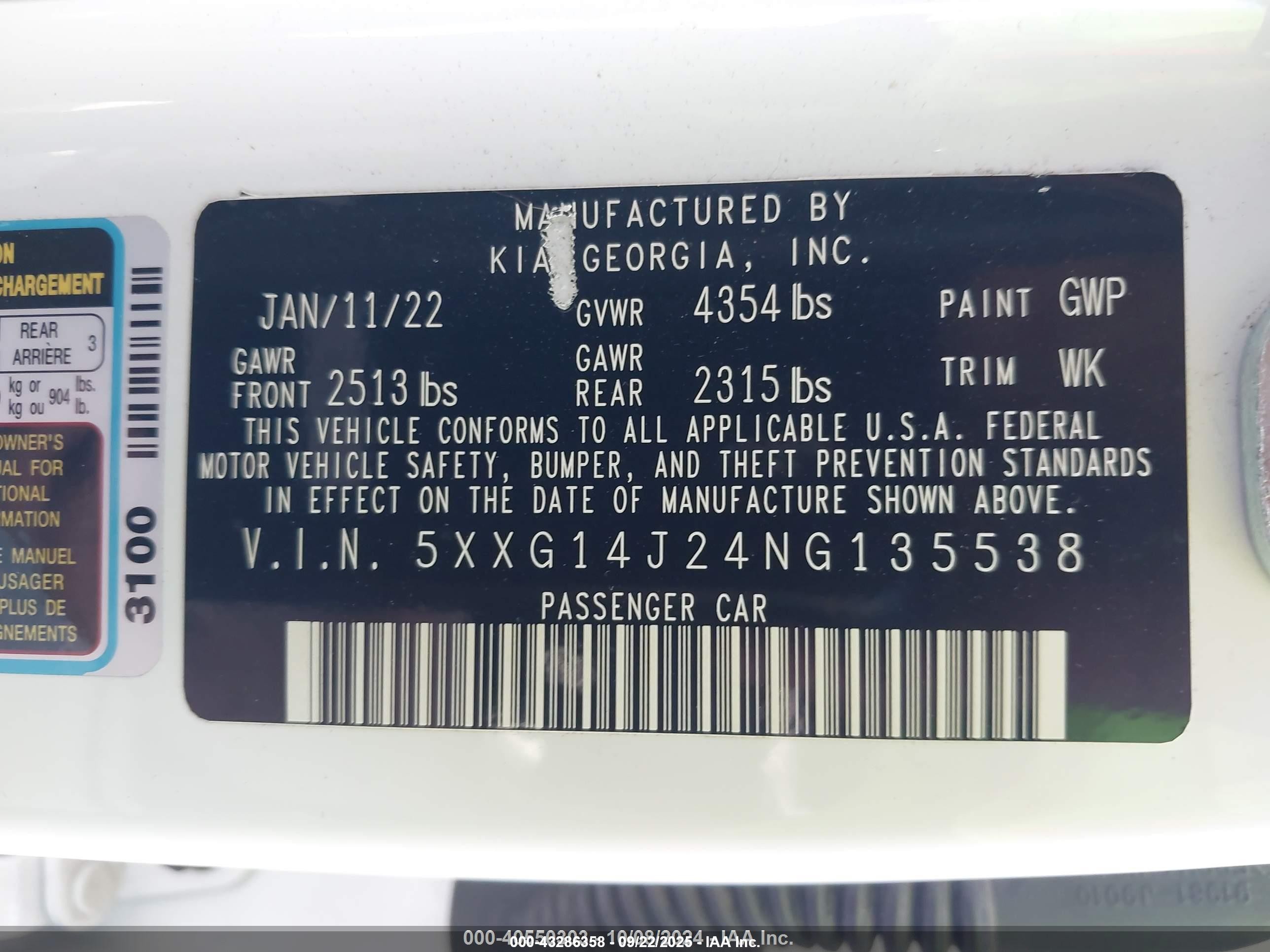 2022 Kia K5 VIN 5XXG14J24NG135538 IAAI salvage auction — Rear End, Clear (California), sold $5,100 on 2026-01-12 (photo 9)