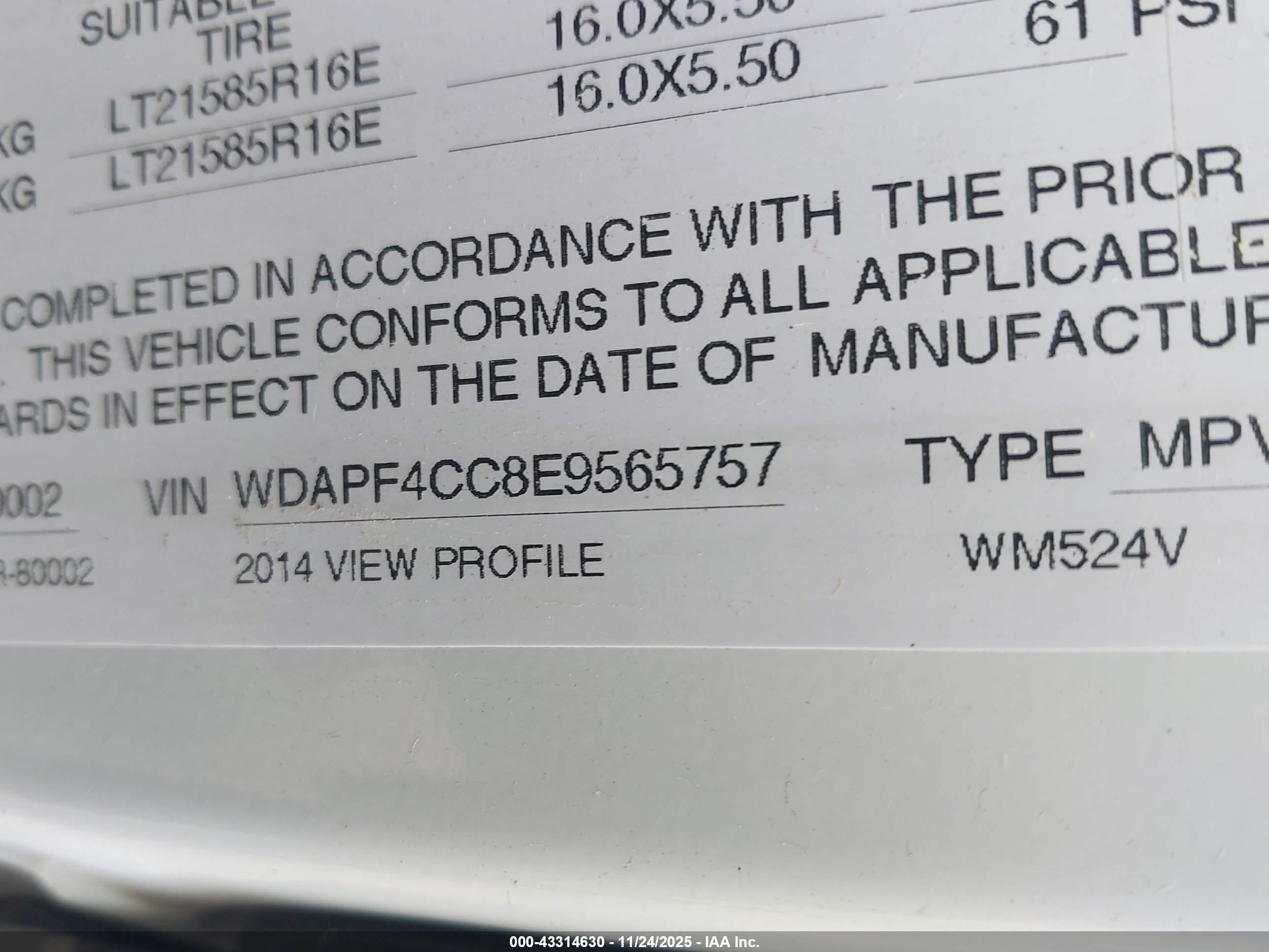 2014 Winnibago VIN WDAPF4CC8E9565757 IAAI salvage auction — All Over, Salvage (Ohio), sold $2,950 on 2025-12-24 (photo 8)