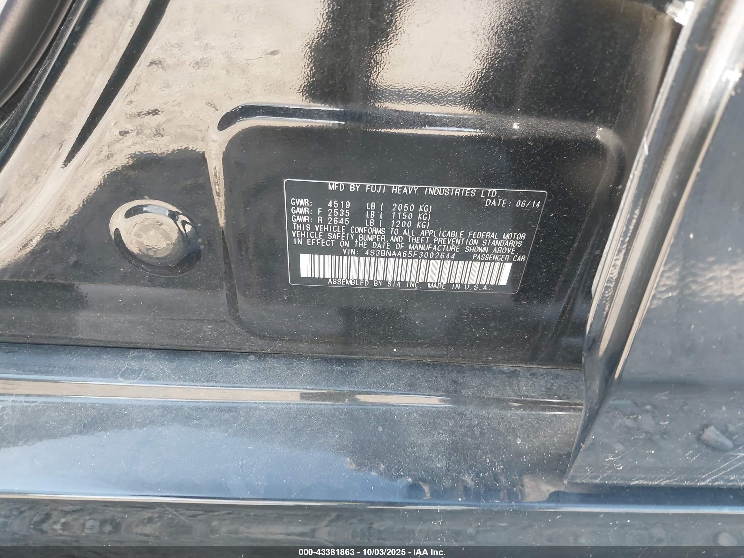 2015 Subaru LEGACY VIN 4S3BNAA65F3002644 IAAI salvage auction — Rear End, Clear (New Jersey), sold $750 on 2025-10-14 (photo 9)