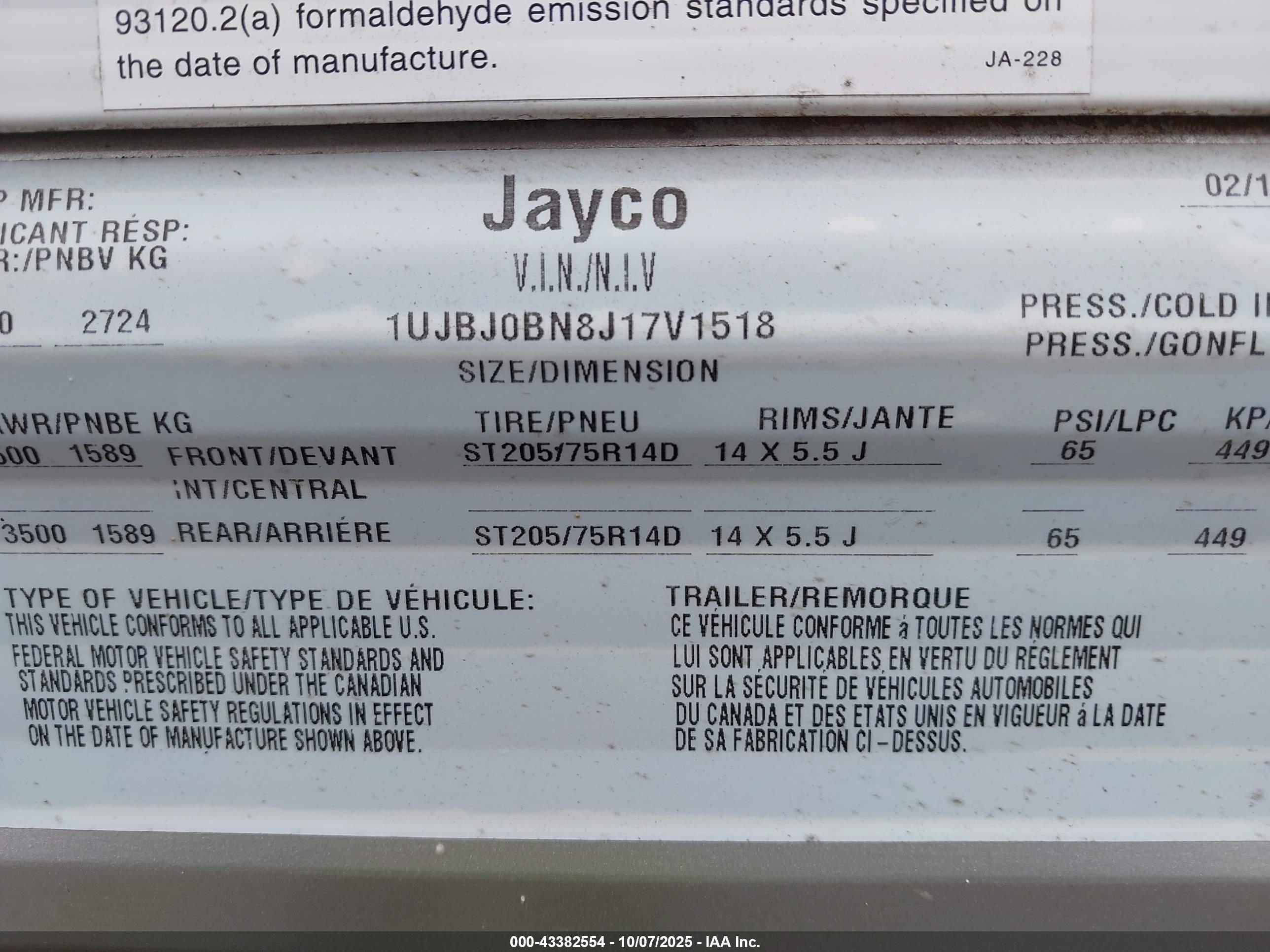 2018 VIN 1UJBJ0BN8J17V1518 IAAI salvage auction — Hail, Salvage (Kansas), sold $3,350 on 2026-09-04 (photo 9)