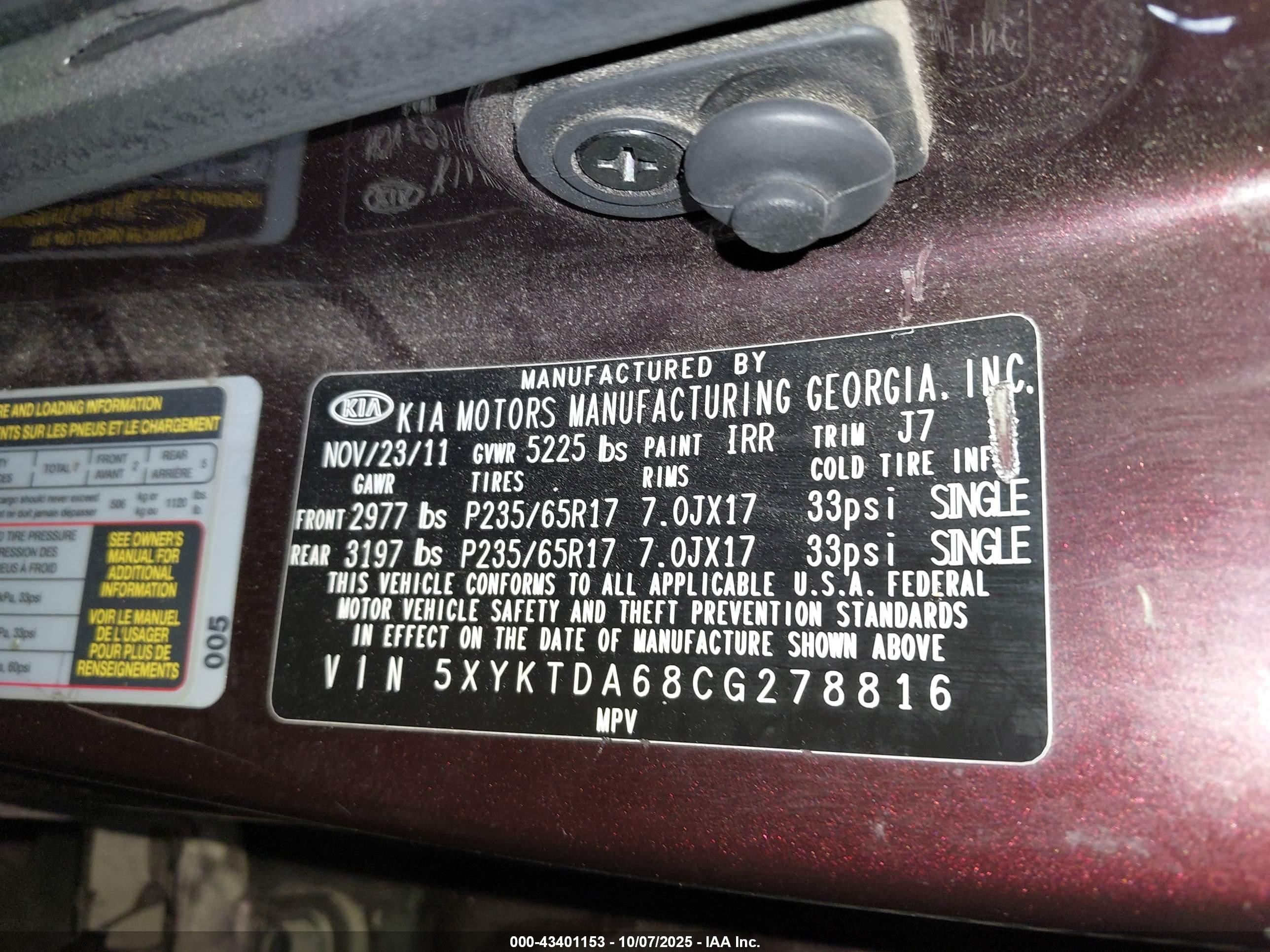 2012 Kia Sorento VIN 5XYKTDA68CG278816 IAAI salvage auction — Side, Salvage (Arizona), sold $1,250 on 2026-07-07 (photo 9)