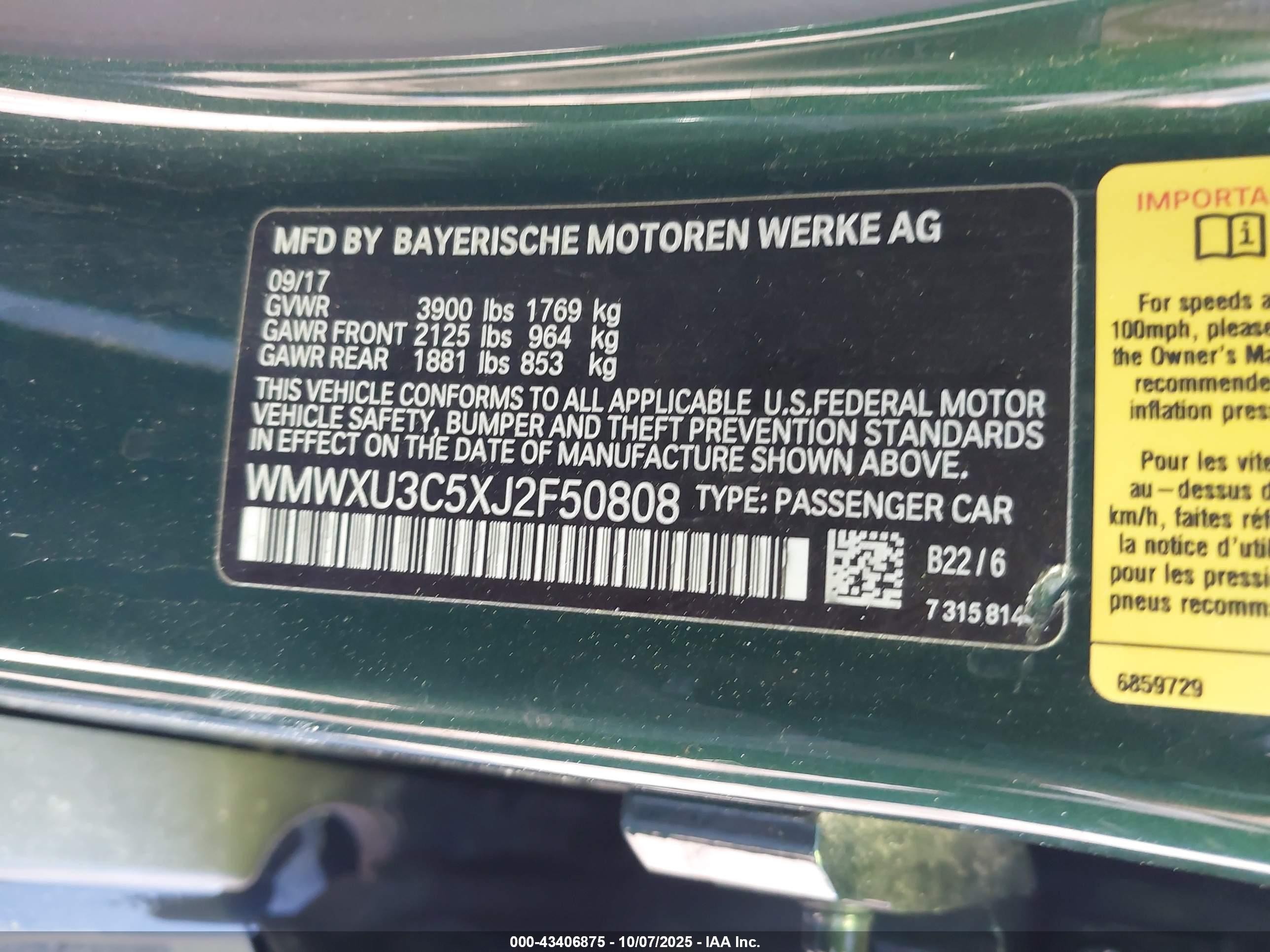 2018 Mini Cooper VIN WMWXU3C5XJ2F50808 IAAI salvage auction — Unknown, Salvage (California), sold $3,650 on 2025-11-19 (photo 9)