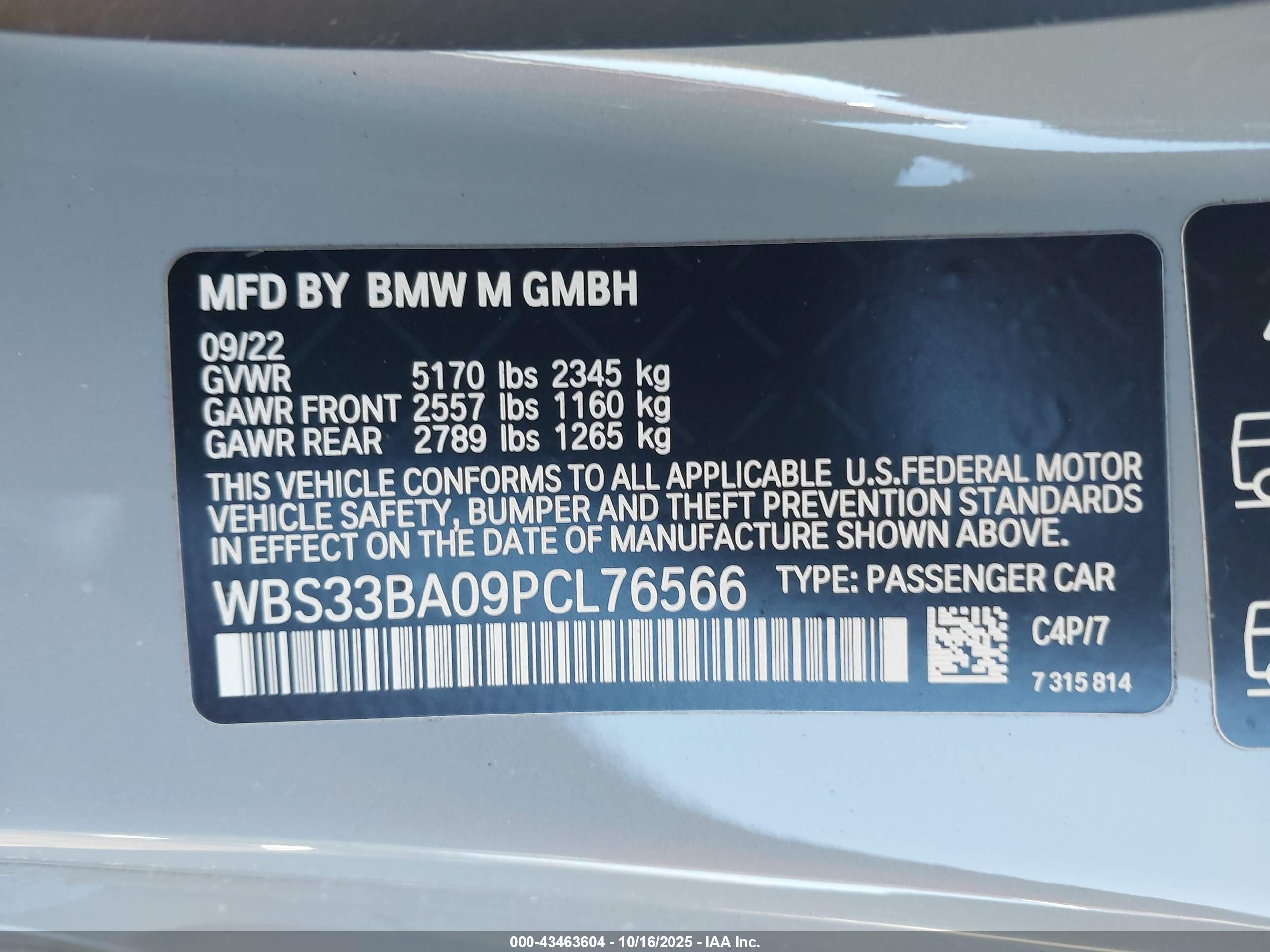 2023 BMW M4 VIN WBS33BA09PCL76566 IAAI salvage auction — Water/Flood, Salvage (Idaho), sold $36,000 on 2026-08-24 (photo 9)