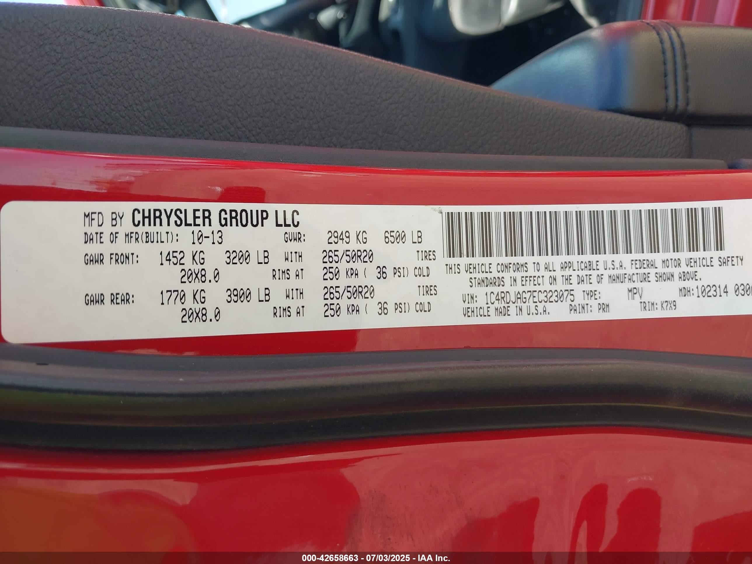 2014 Dodge Durango VIN 1C4RDJAG7EC323075 IAAI salvage auction — All Over, Salvage (Arizona), sold $1,000 on 2026-07-07 (photo 9)