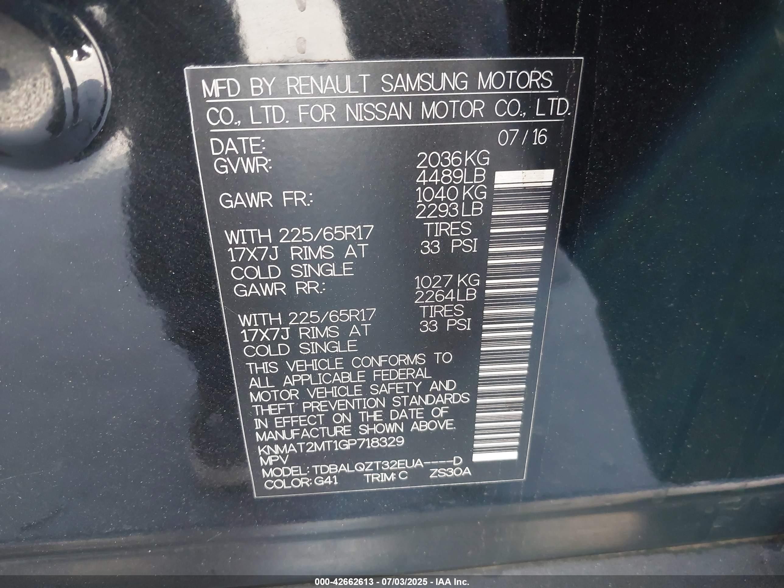 2016 Nissan Rogue VIN KNMAT2MT1GP718329 IAAI salvage auction — Rear End, Salvage Certificate (California), sold $2,700 on 2025-07-23 (photo 9)