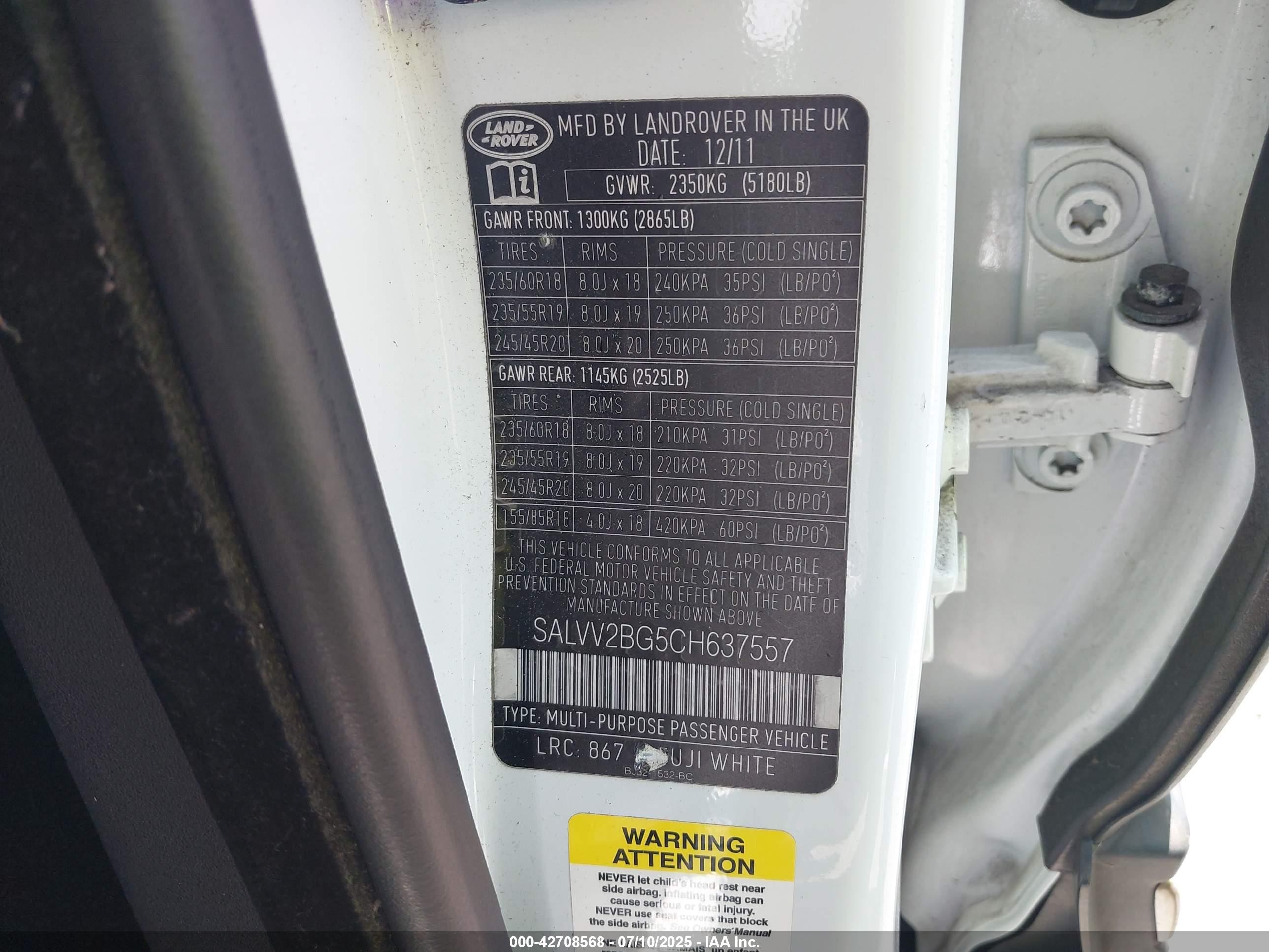 2012 Land Rover Range Rover Evoque VIN SALVV2BG5CH637557 IAAI salvage auction — Normal Wear, Clear - Dealer Only (California), sold $2,175 on 2025-07-23 (photo 9)