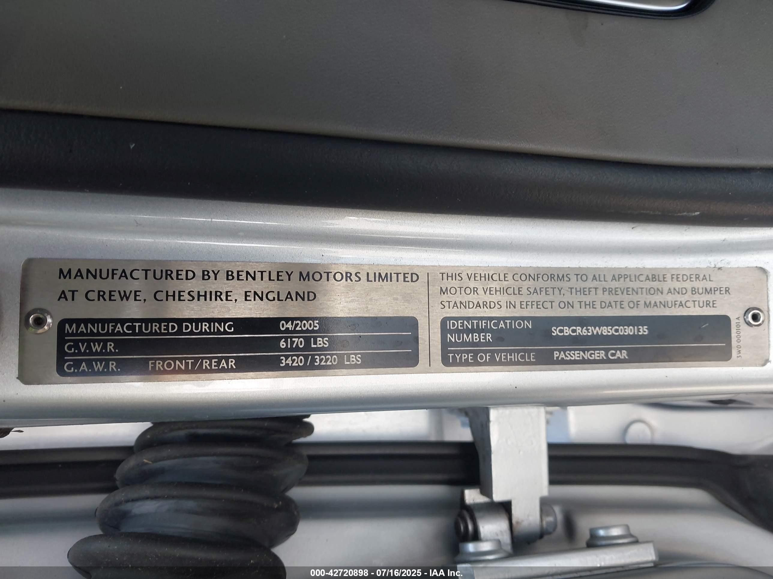2005 Bentley Continental VIN SCBCR63W85C030135 IAAI salvage auction — Front End, Salvage Certificate (California), sold $5,350 on 2025-08-07 (photo 9)