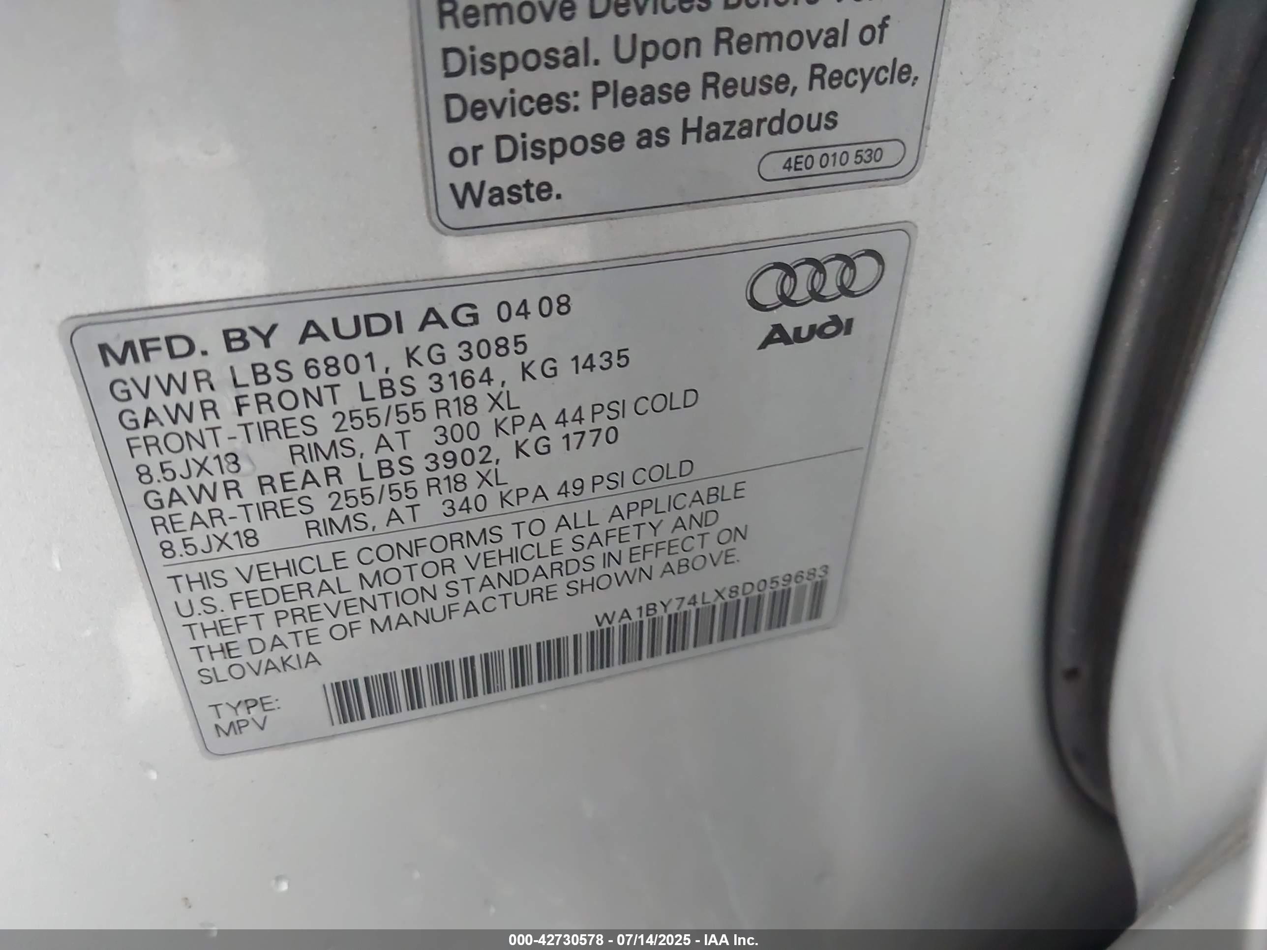 2008 Audi Q7 VIN WA1BY74LX8D059683 IAAI salvage auction — Side, Original (Texas), sold $875 on 2025-08-25 (photo 9)