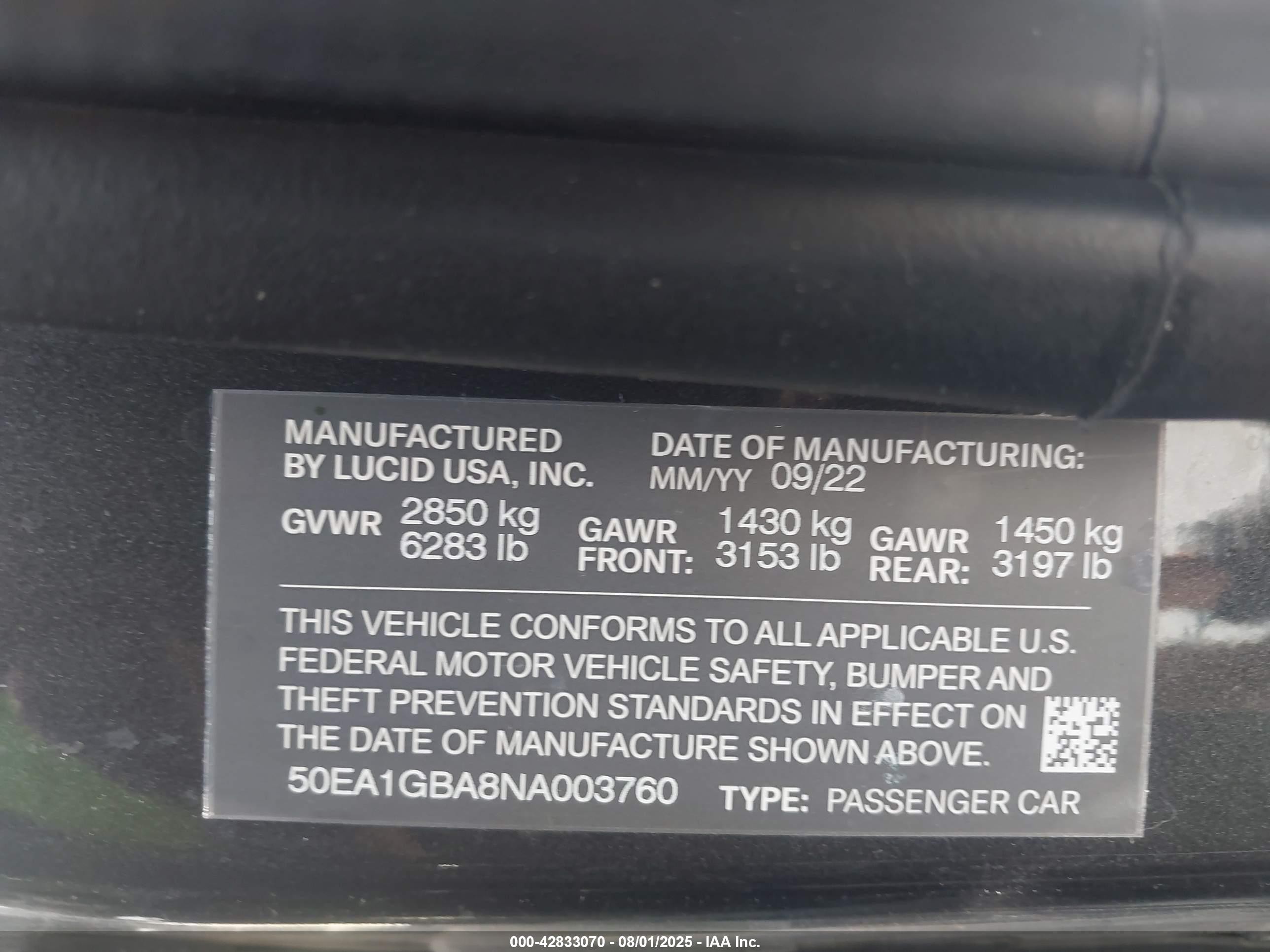 2022 Lucid Air VIN 50EA1GBA8NA003760 IAAI salvage auction — Front End, Salvage (Utah), sold $16,750 on 2025-09-18 (photo 9)