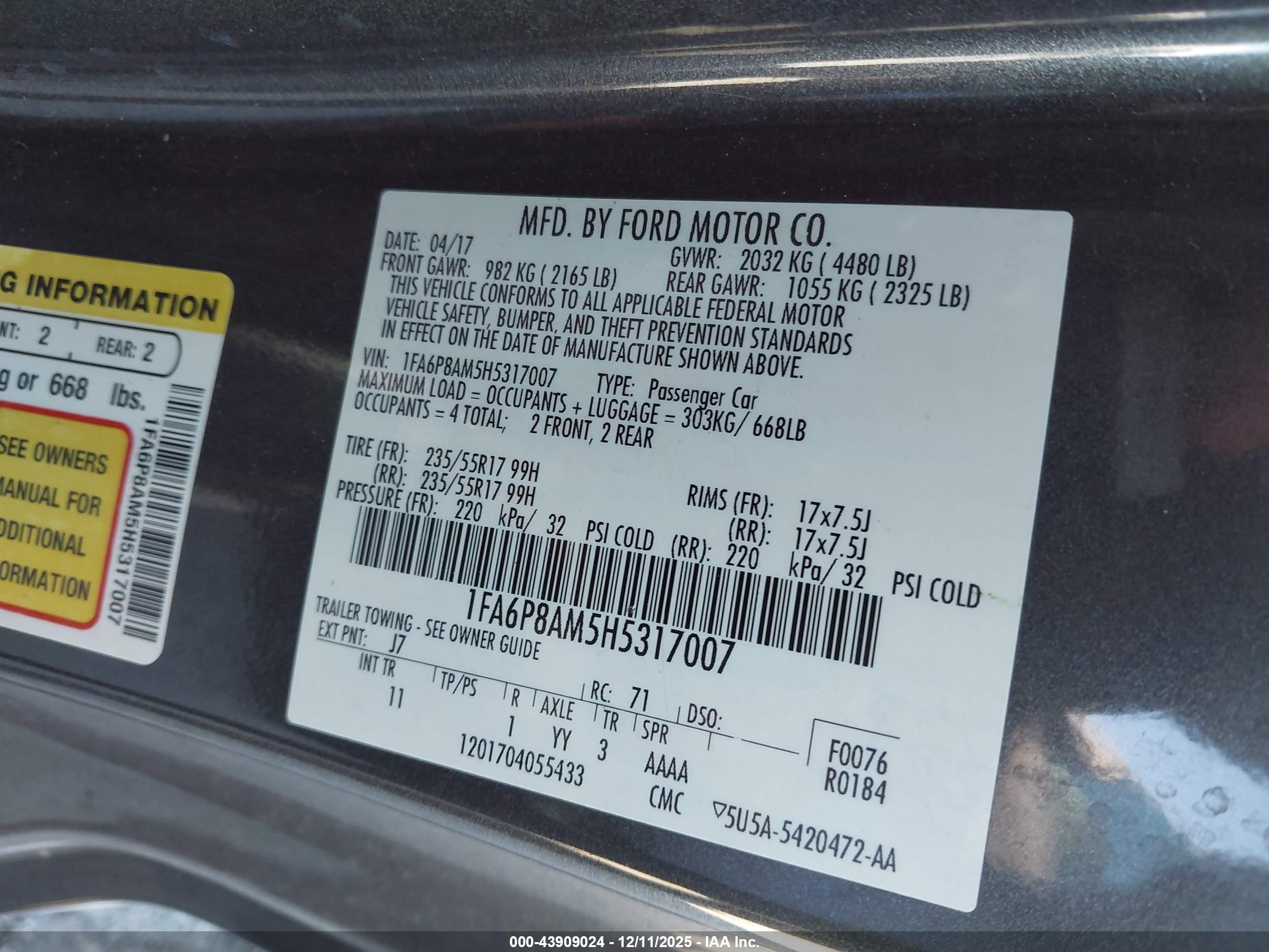 2017 Ford Mustang VIN 1FA6P8AM5H5317007 IAAI salvage auction — Front End, Salvage (Texas), sold $1,450 on 2026-07-07 (photo 9)
