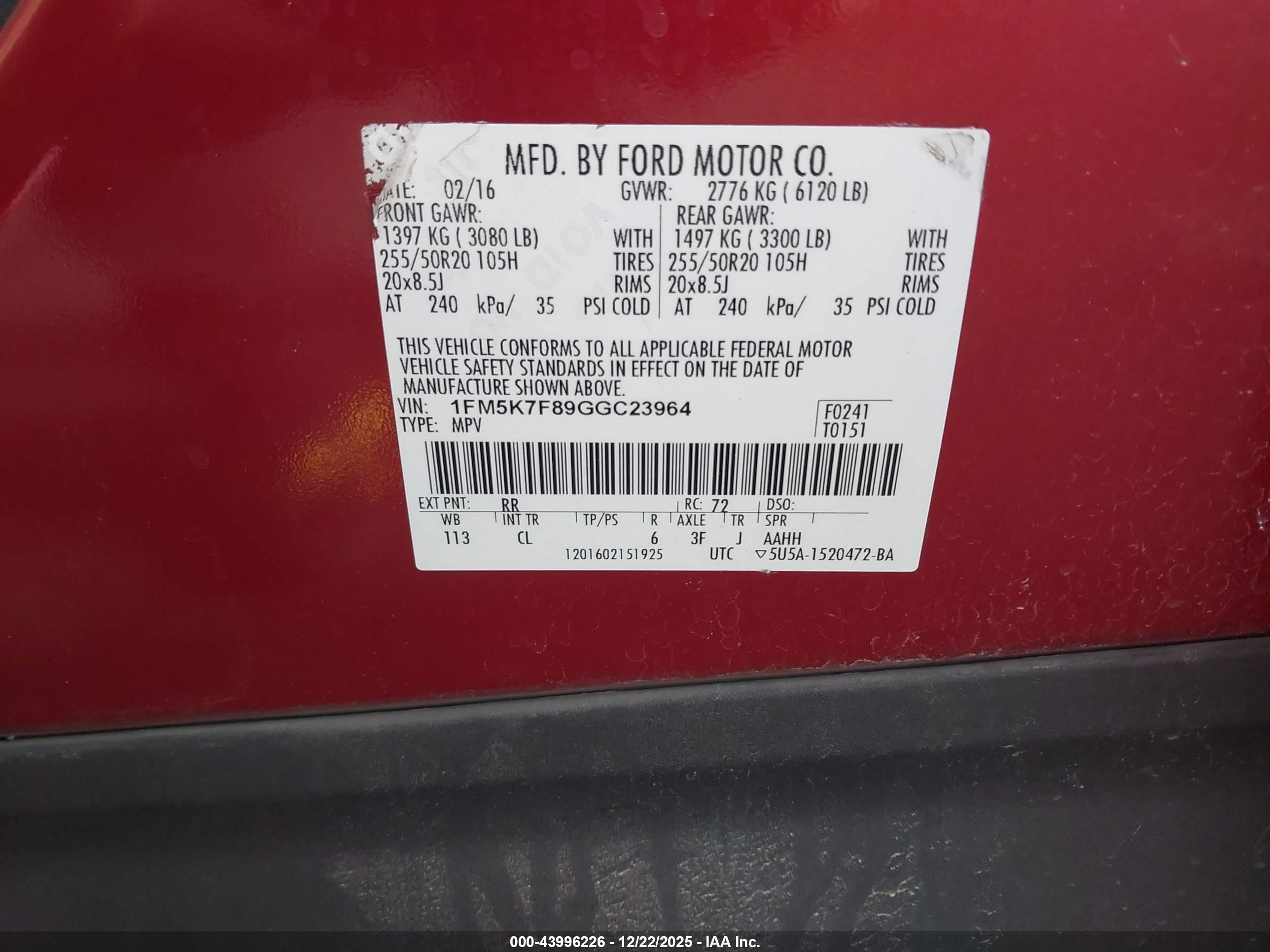 2016 Ford Explorer VIN 1FM5K7F89GGC23964 IAAI salvage auction — Rear End, Salvage (Utah), sold $2,700 on 2026-07-10 (photo 9)