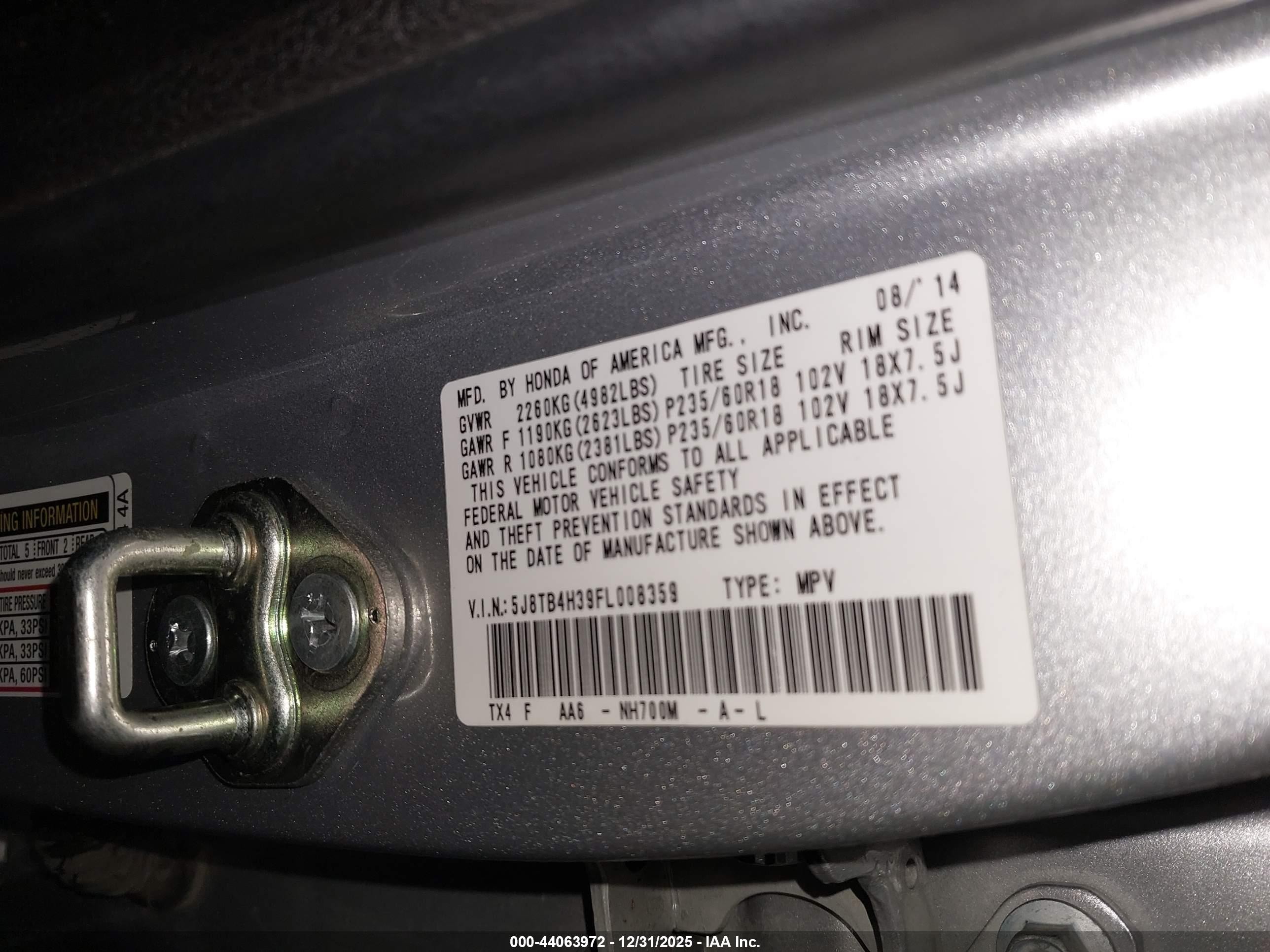 2015 Acura RDX VIN 5J8TB4H39FL008359 IAAI salvage auction — Side, Salvage (Idaho), sold $2,250 on 2026-07-10 (photo 9)