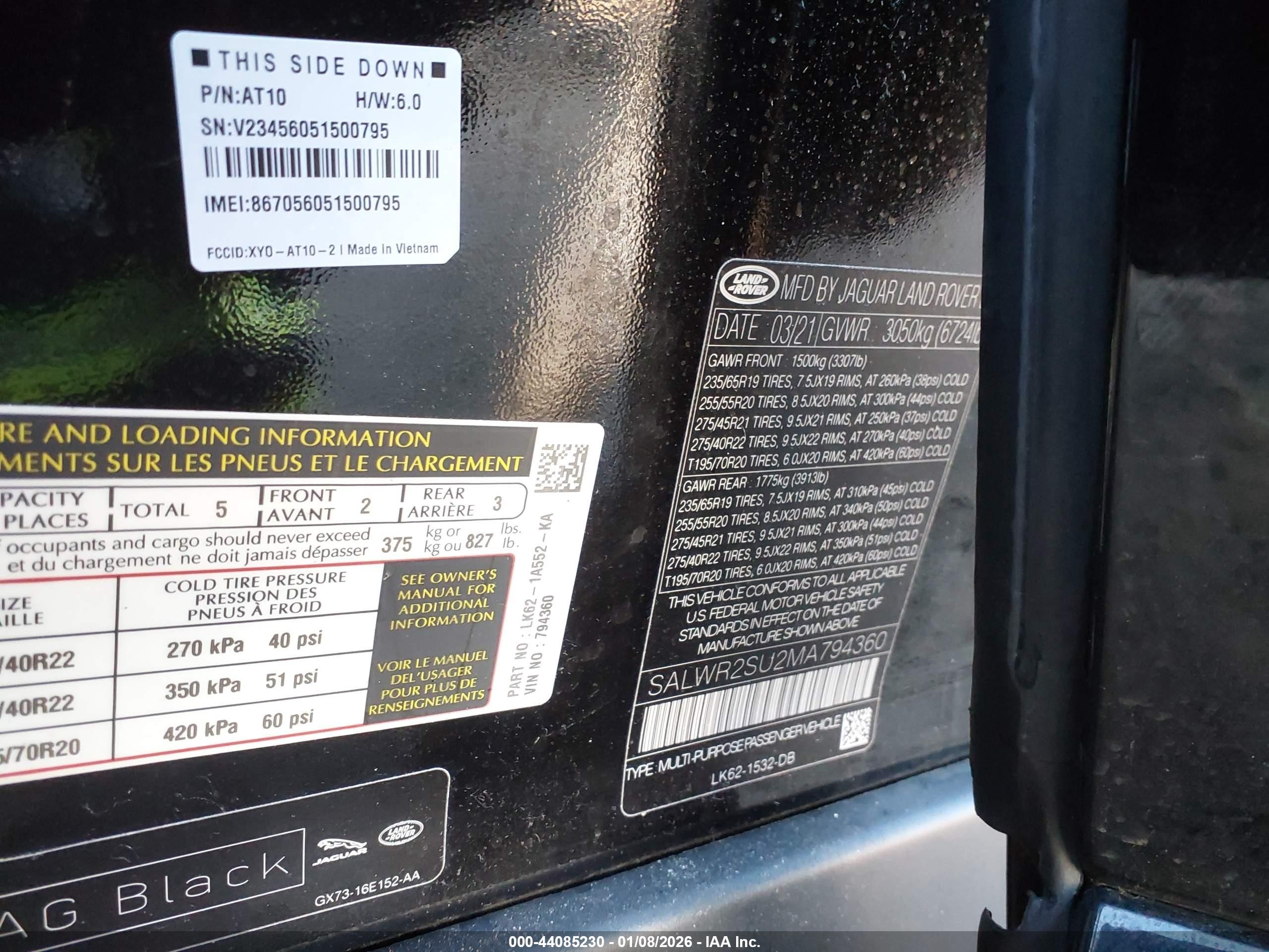 2021 Land Rover Range Rover Sport VIN SALWR2SU2MA794360 IAAI salvage auction — Front End, Salvage (New Jersey), sold $6,950 on 2026-06-30 (photo 9)