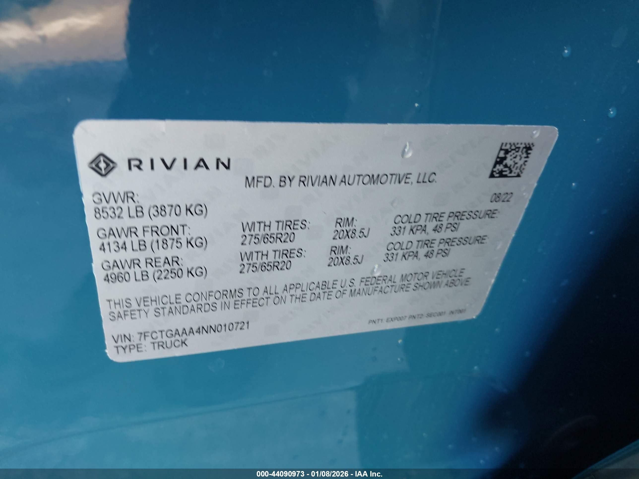 2022 Rivian R1t VIN 7FCTGAAA4NN010721 IAAI salvage auction — Rear End, Salvage (California), sold $20,950 on 2026-10-22 (photo 9)