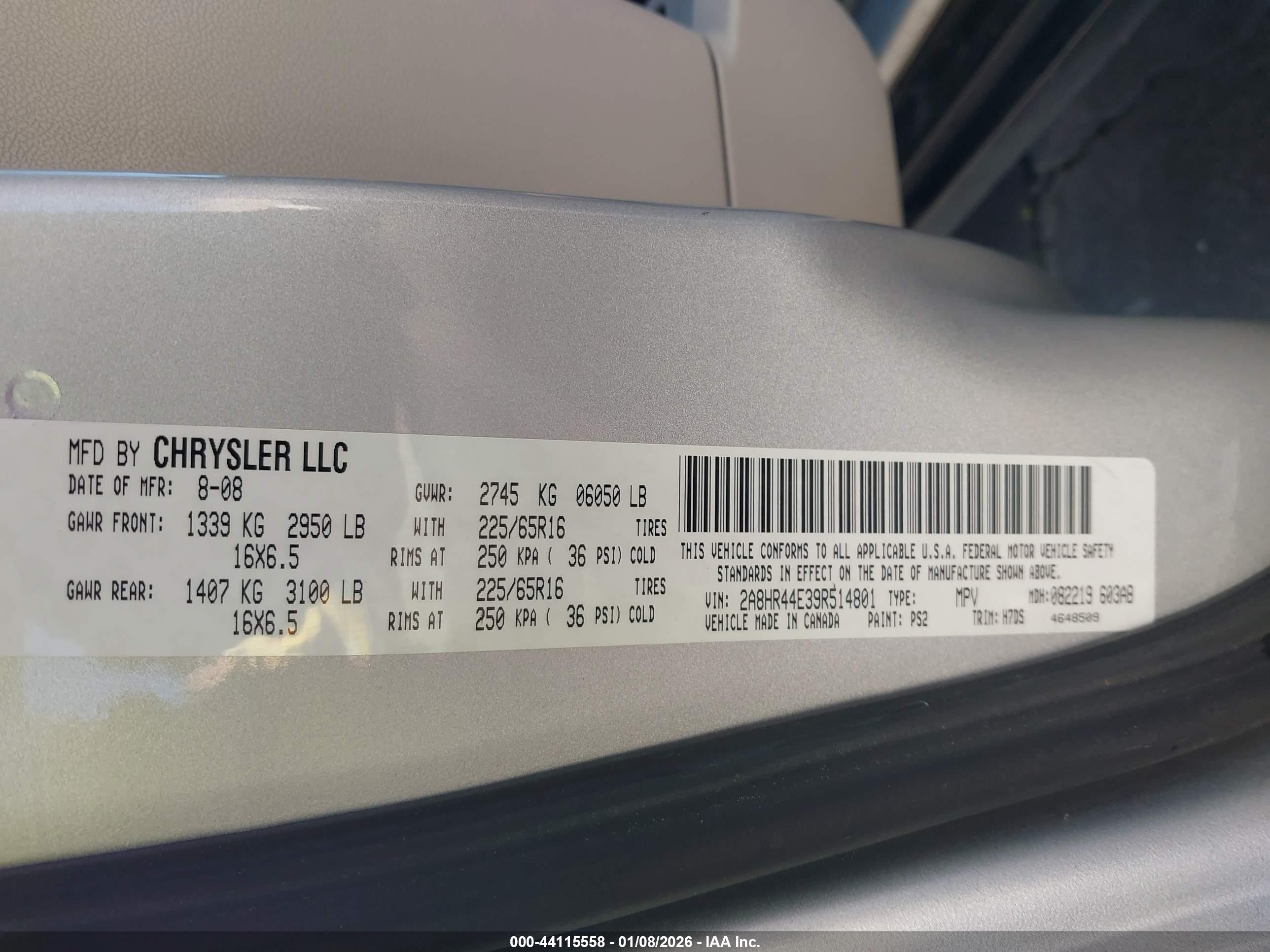2009 Chrysler Town & country VIN 2A8HR44E39R514801 IAAI salvage auction — Front End, Clear - Dealer Only (California), sold $525 on 2026-03-02 (photo 9)