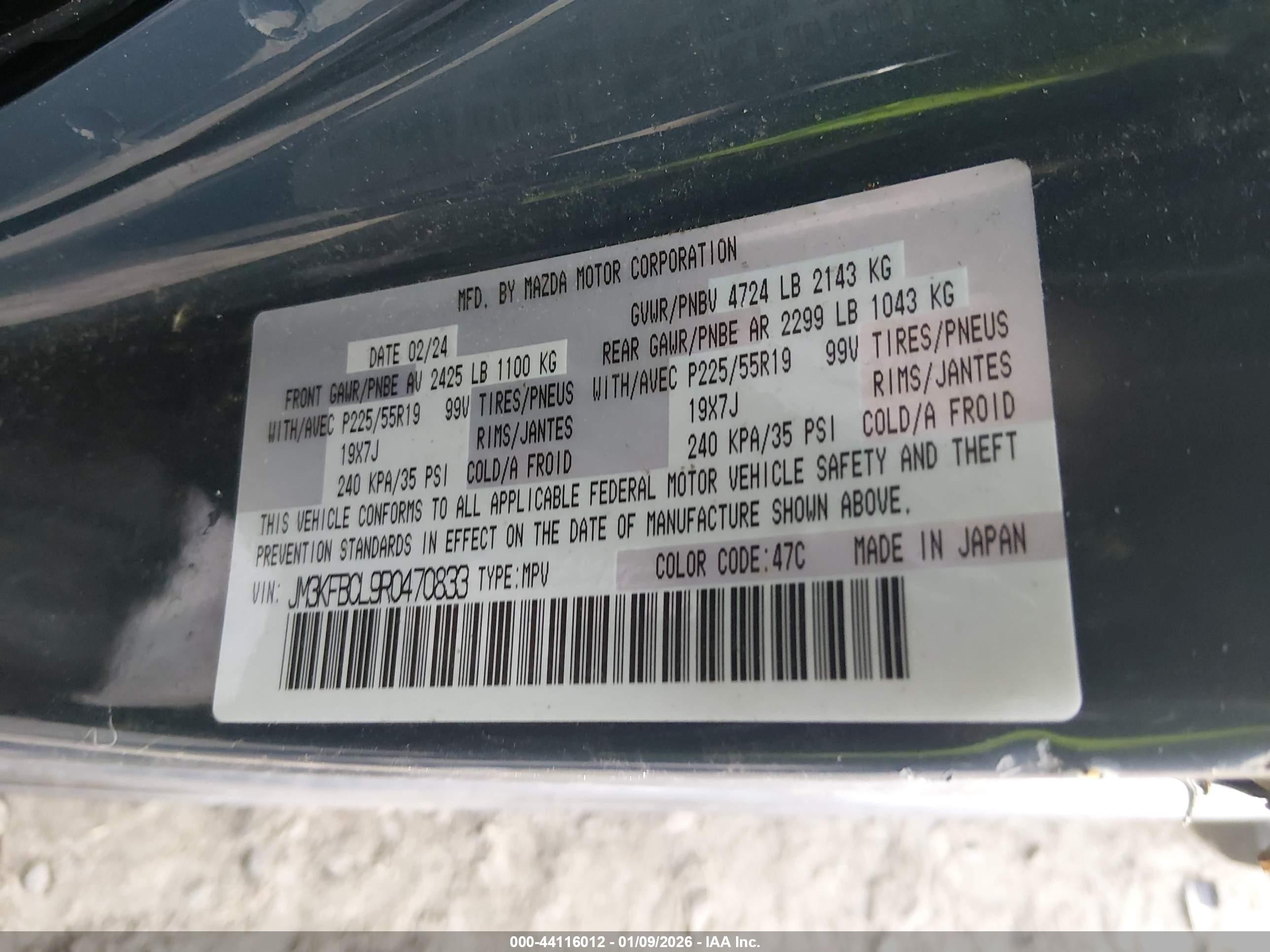 2024 Mazda CX-5 VIN JM3KFBCL9R0470833 IAAI salvage auction — Side, Salvage (Georgia), sold $450 on 2026-07-01 (photo 9)