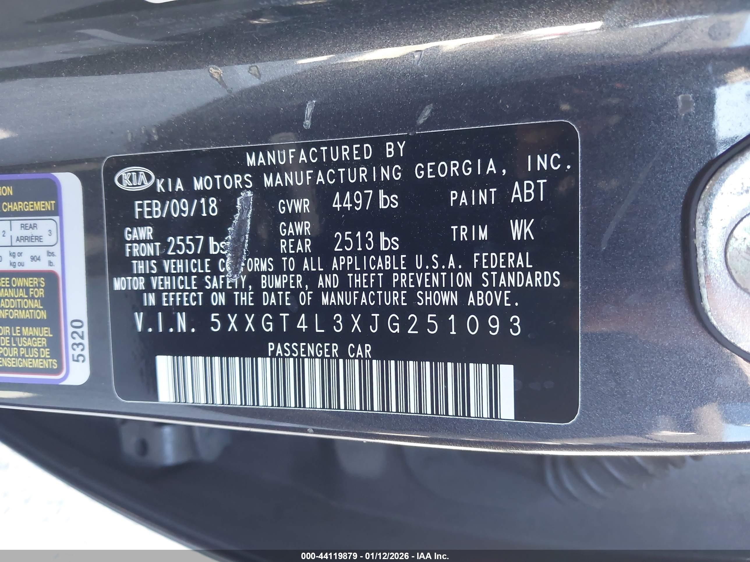 2018 Kia Optima VIN 5XXGT4L3XJG251093 IAAI salvage auction — Front End, Salvage (California), sold $1,250 on 2026-07-09 (photo 9)