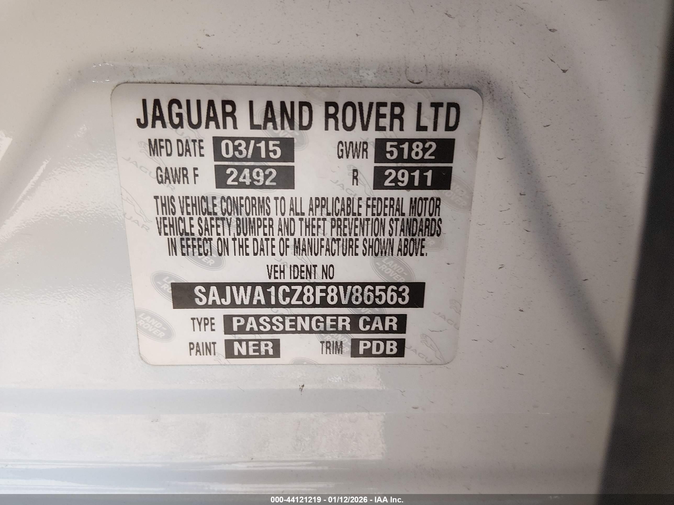 2015 Jaguar Xj VIN SAJWA1CZ8F8V86563 IAAI salvage auction — Front End, Clear-Dealer Only (Arizona), sold $575 on 2026-04-14 (photo 9)