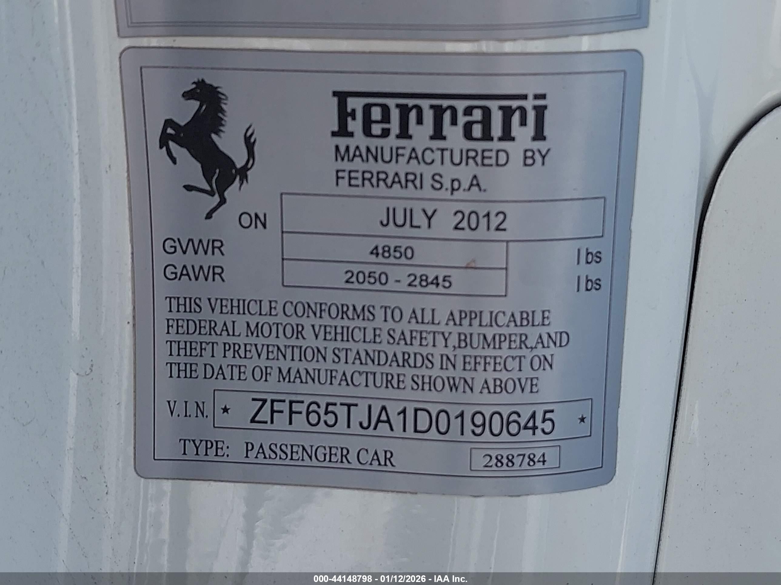 2013 Ferrari California VIN ZFF65TJA1D0190645 IAAI salvage auction — Water/Flood, Salvage (Tennessee), sold $40,500 on 2026-02-23 (photo 9)