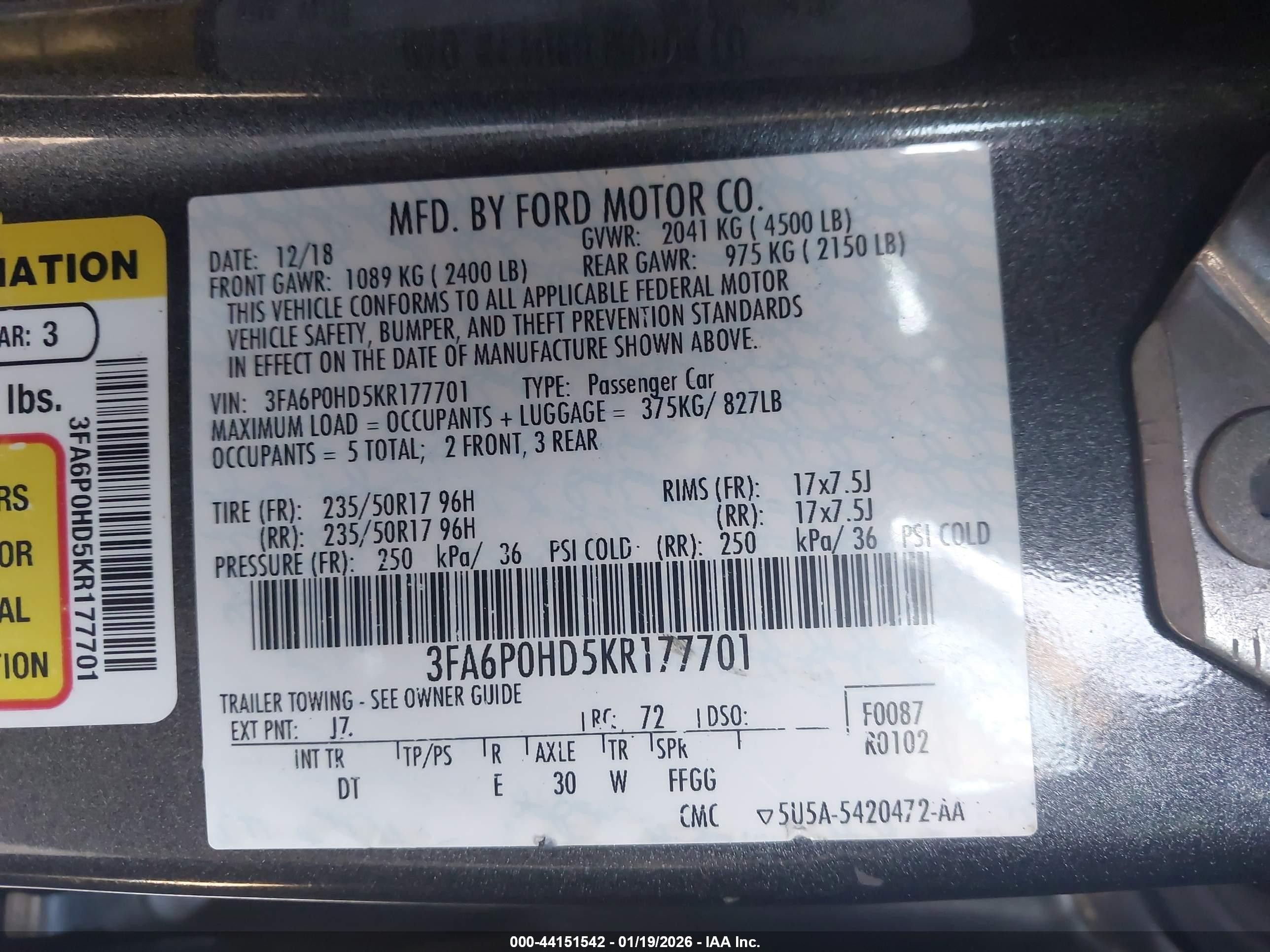 2019 Ford Fusion VIN 3FA6P0HD5KR177701 IAAI salvage auction — Rear End, Salvage (California), sold $1,625 on 2026-07-06 (photo 9)