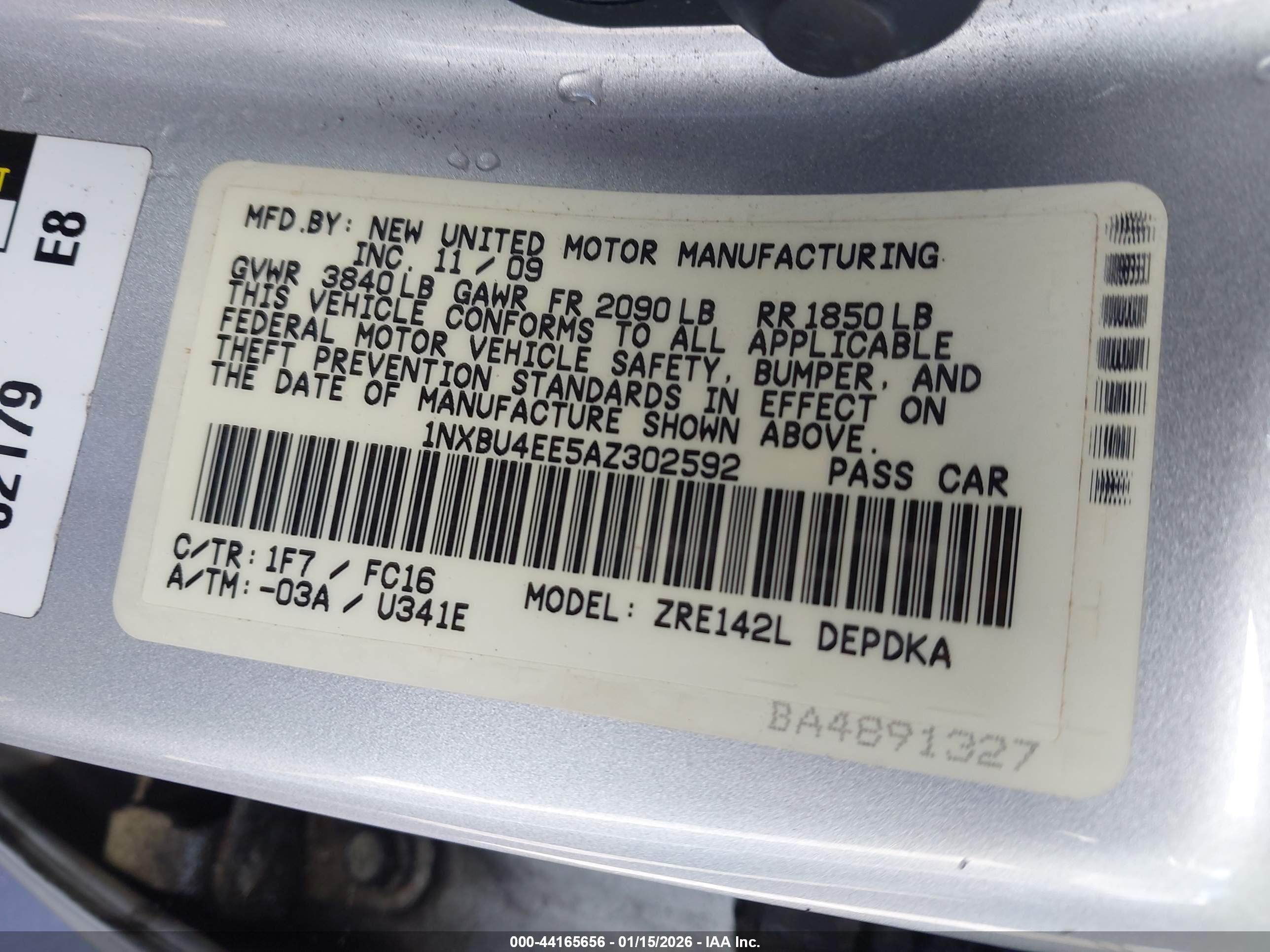 2010 Toyota Corolla VIN 1NXBU4EE5AZ302592 IAAI salvage auction — Unknown, Salvage (Hawaii), sold $600 on 2026-04-28 (photo 9)