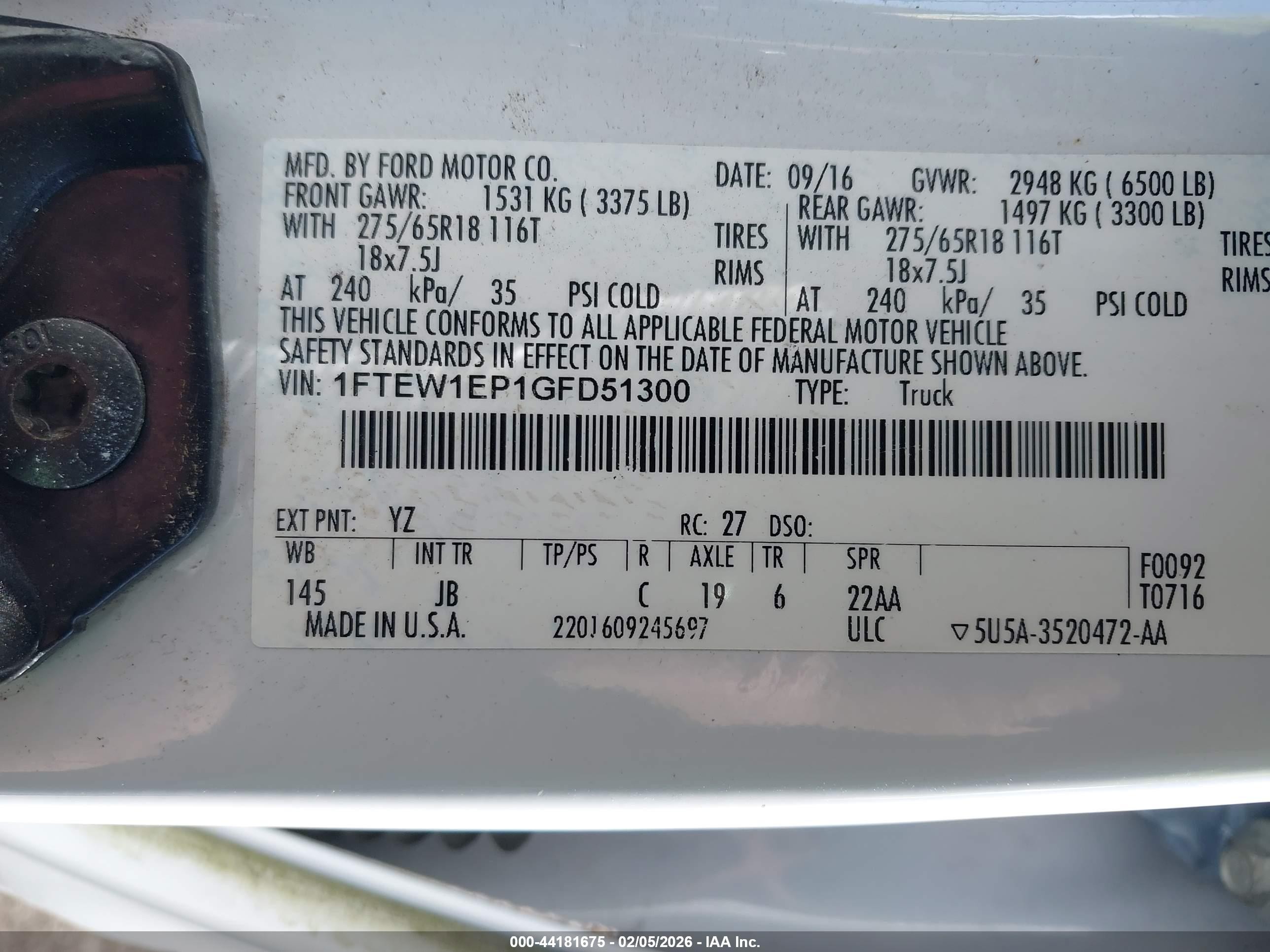 2016 Ford F-150 VIN 1FTEW1EP1GFD51300 IAAI salvage auction — Side, Salvage (Virginia), sold $3,050 on 2026-07-06 (photo 9)
