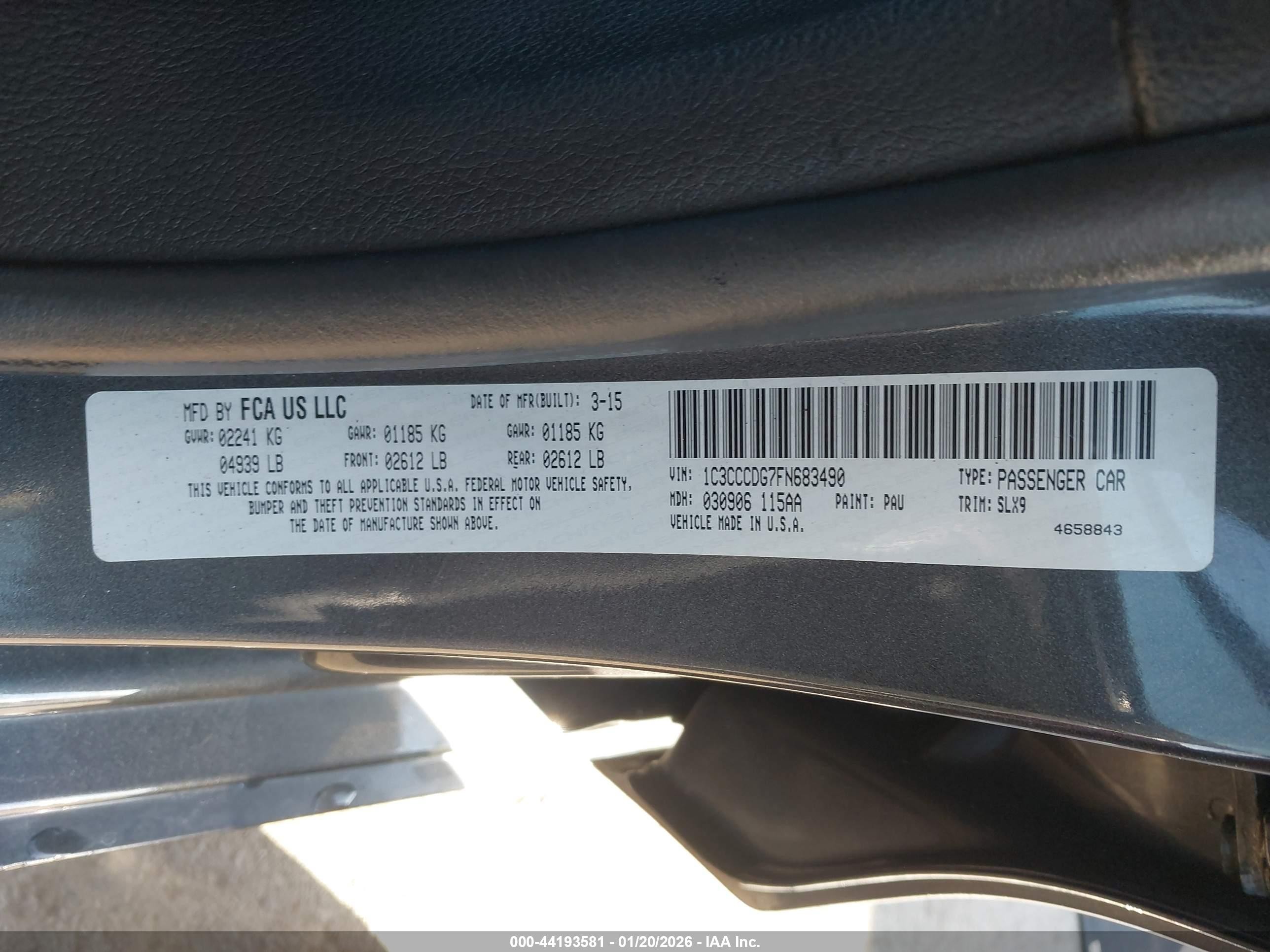 2015 Chrysler 200 VIN 1C3CCCDG7FN683490 IAAI salvage auction — Front End, Salvage (Utah), sold $600 on 2026-07-09 (photo 9)