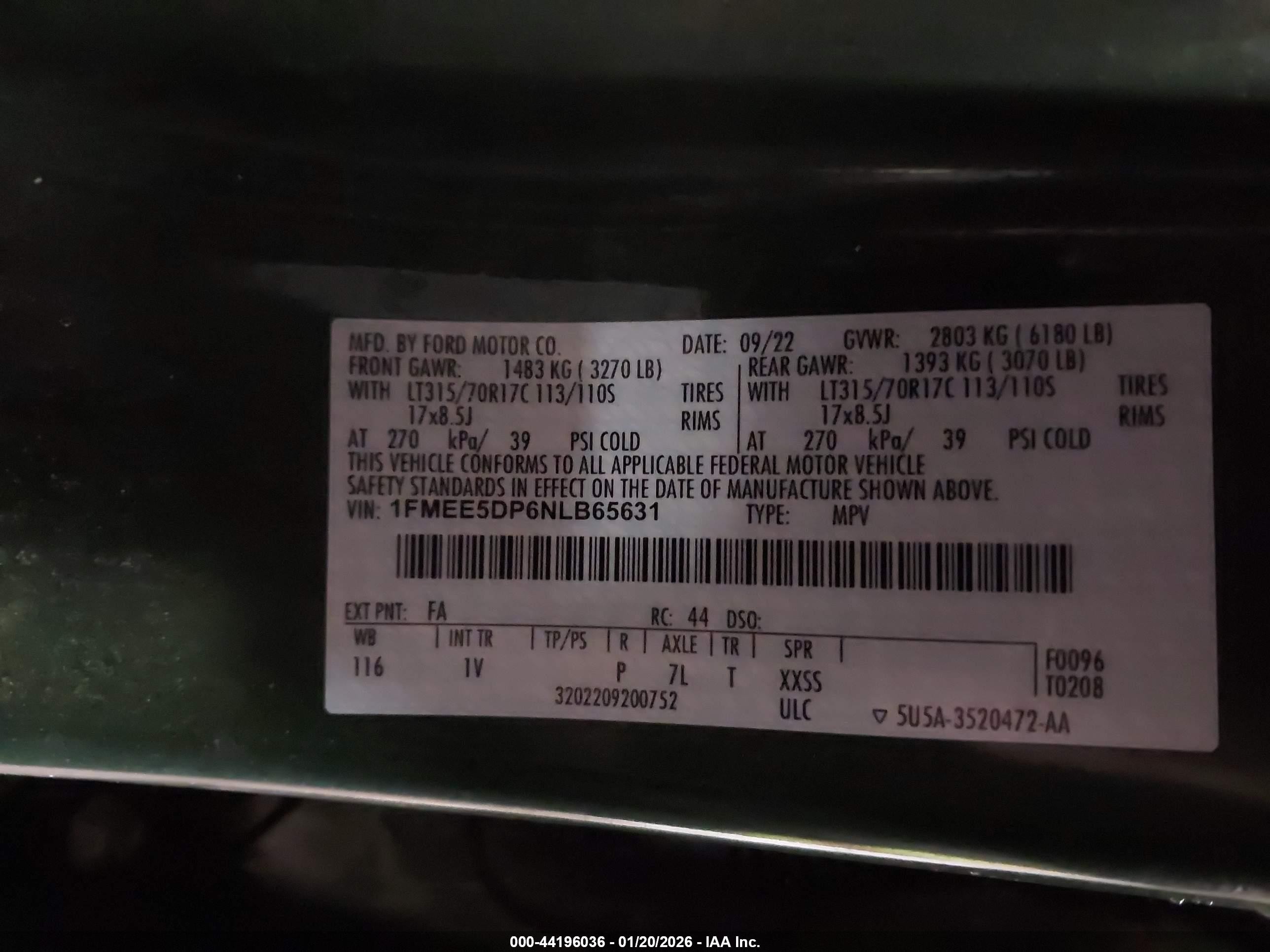 2022 Ford Bronco VIN 1FMEE5DP6NLB65631 IAAI salvage auction — Front End, Salvage (Maine), sold $7,500 on 2026-07-06 (photo 9)