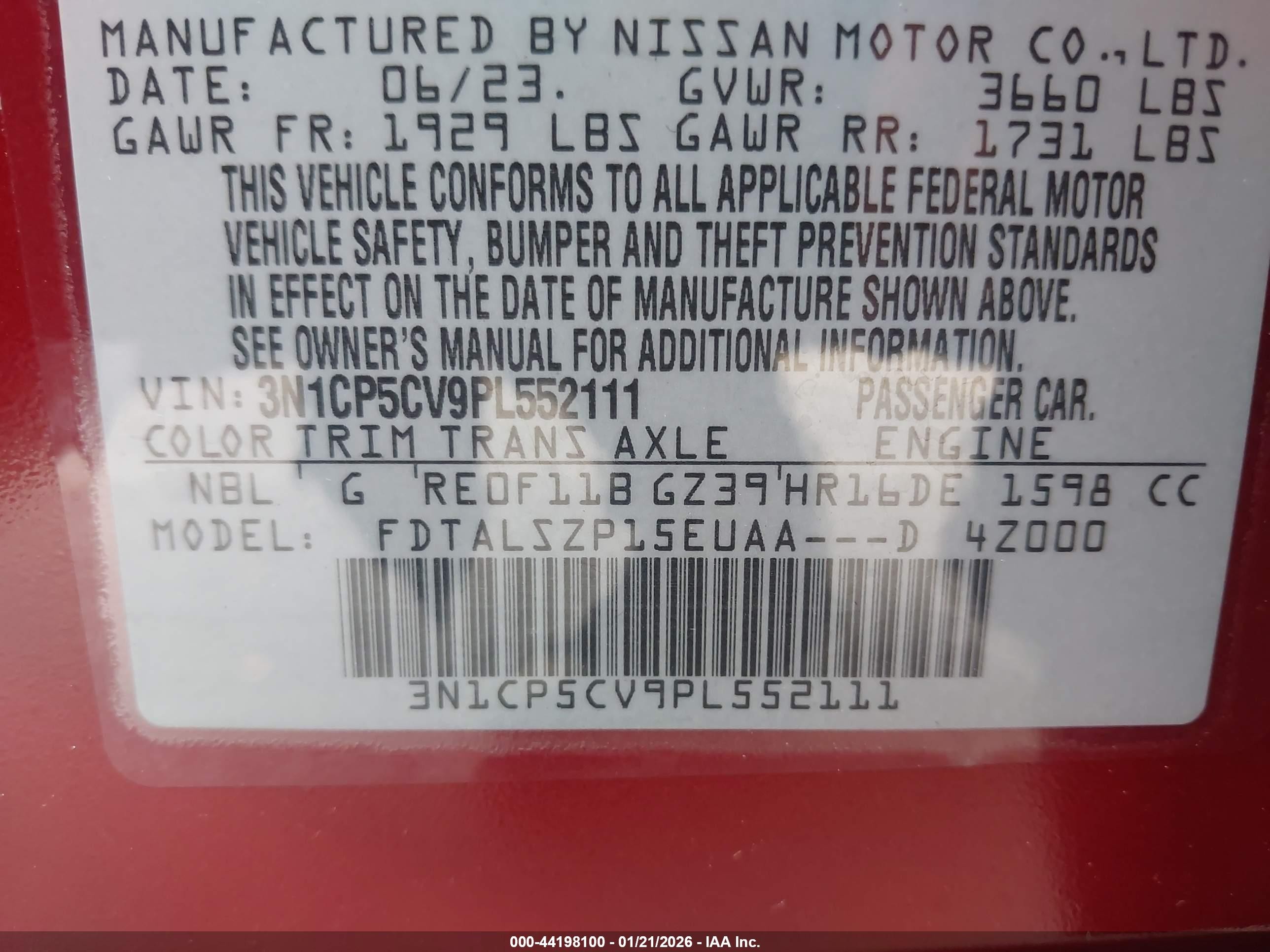 2023 Nissan Kicks VIN 3N1CP5CV9PL552111 IAAI salvage auction — Unknown, Salvage (California), sold $3,350 on 2026-07-09 (photo 9)