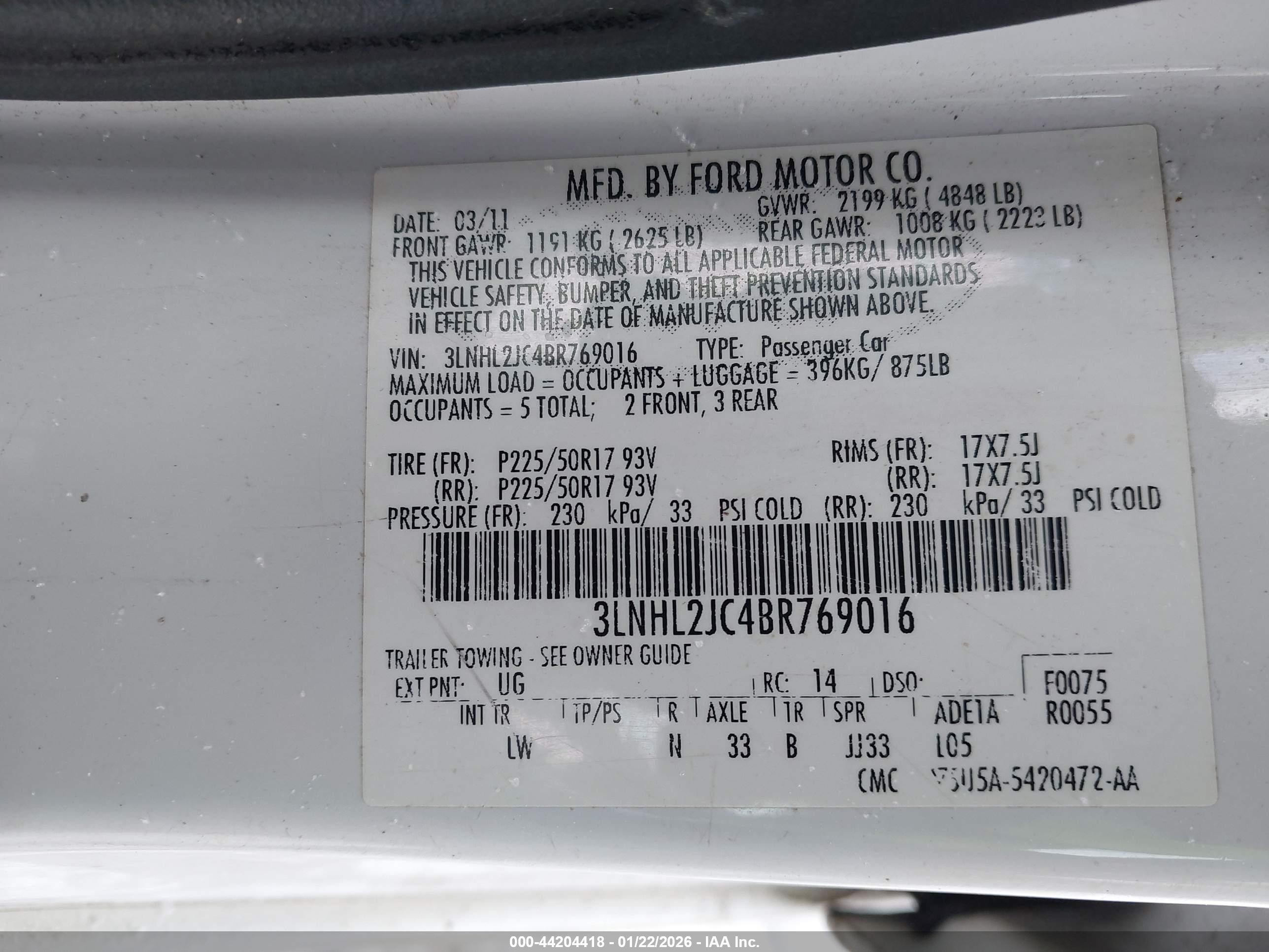 2011 Lincoln Mkz VIN 3LNHL2JC4BR769016 IAAI salvage auction — Normal Wear, Clear (Idaho), sold $600 on 2026-10-02 (photo 9)