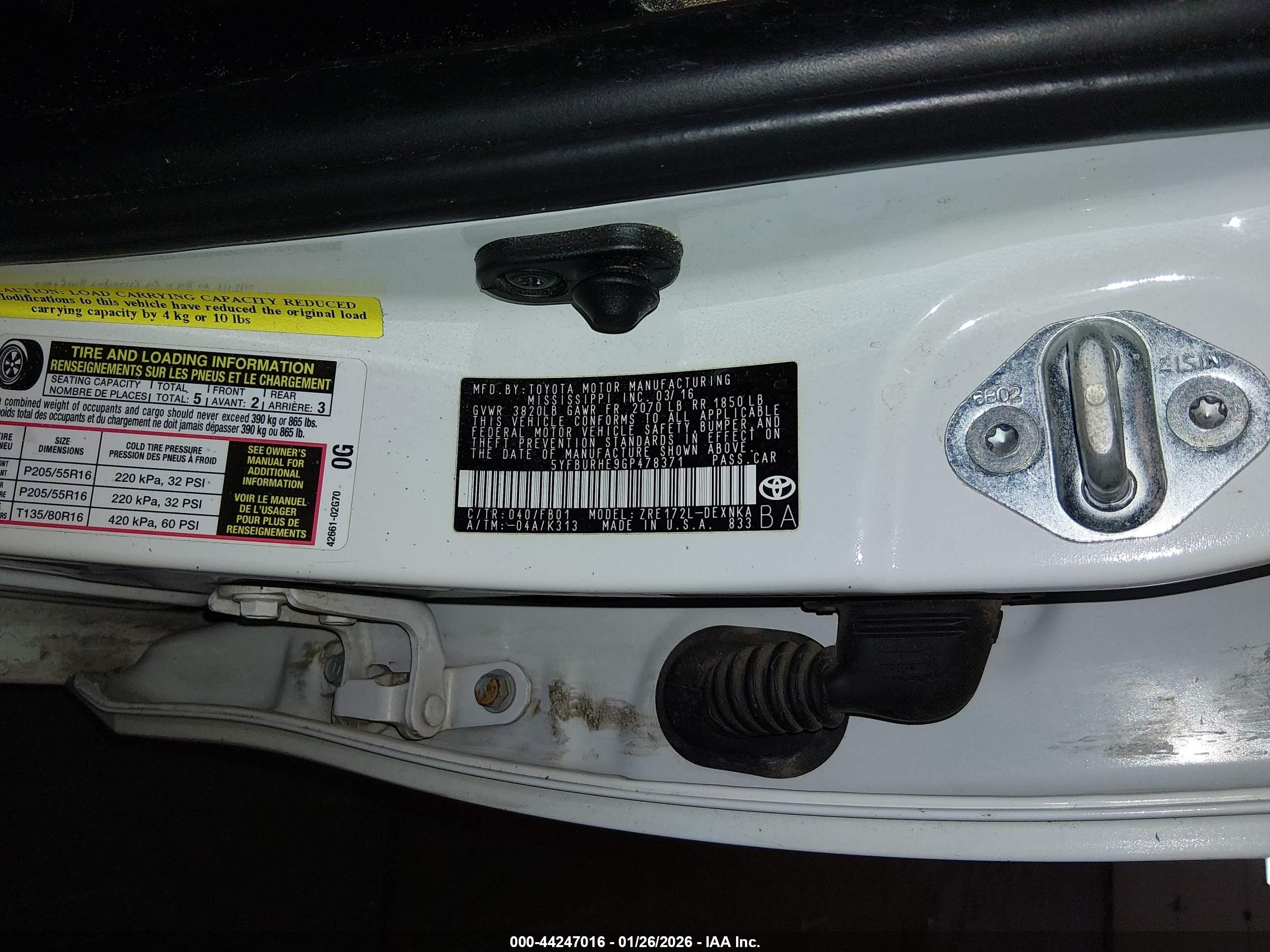 2016 Toyota Corolla VIN 5YFBURHE9GP478371 IAAI salvage auction — Front End, Salvage (Oregon), sold $1,900 on 2026-07-02 (photo 9)